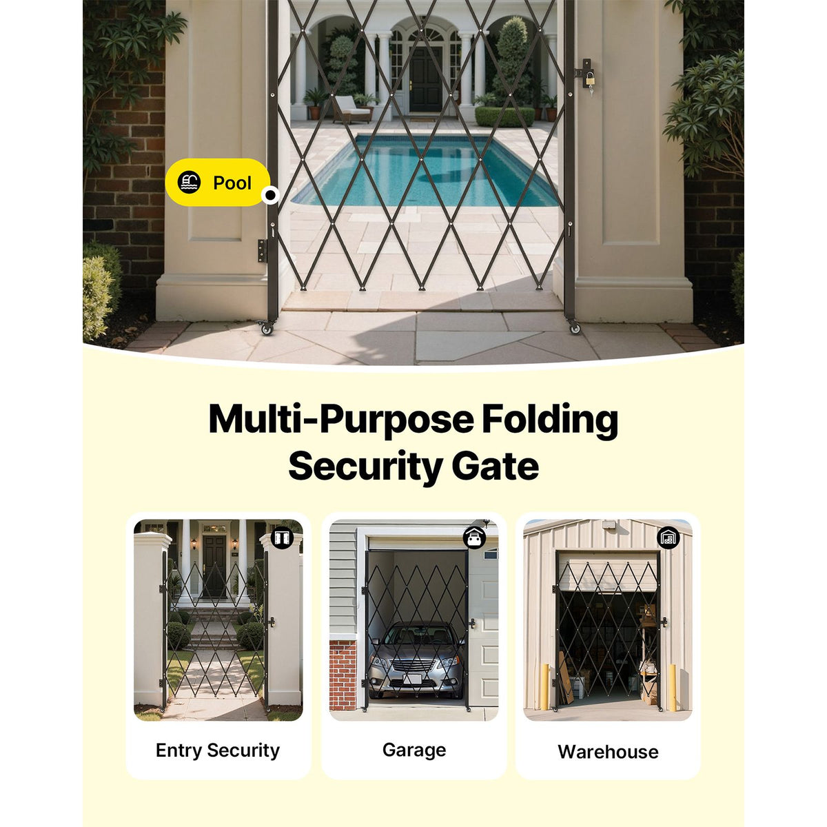 Single Folding Security Gate, Lockable Scissor Gate with 360 degree Swivel Casters, Outdoor Barricade Steel Retractable Gates, for Entry Security, Garage, Warehouse & Pool, 1260 x 1975 mm (W x H)