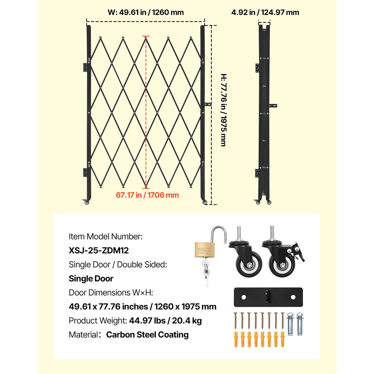 Single Folding Security Gate, Lockable Scissor Gate with 360 degree Swivel Casters, Outdoor Barricade Steel Retractable Gates, for Entry Security, Garage, Warehouse & Pool, 1260 x 1975 mm (W x H)