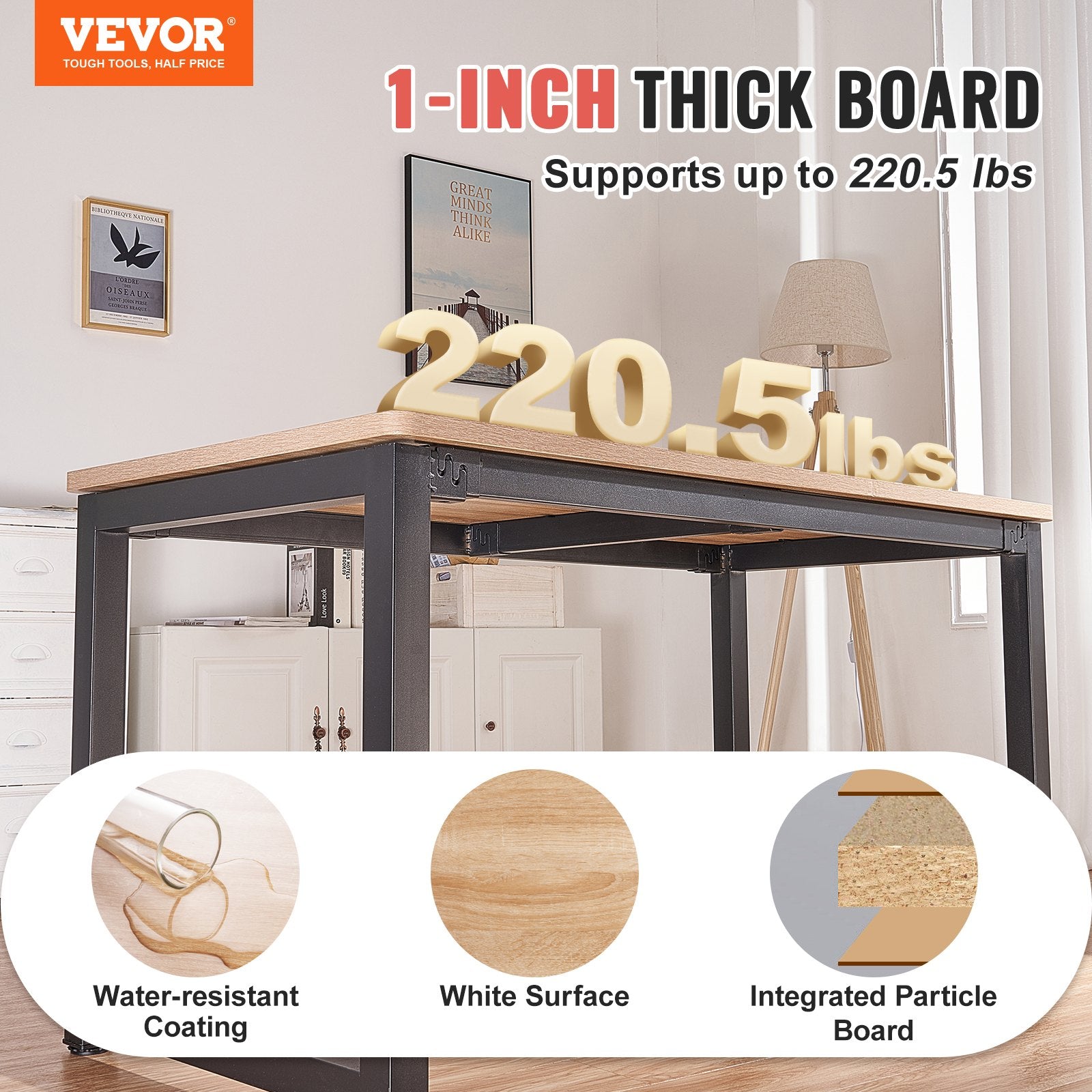 Desks: VEVOR Table Top, 55" x 27.6" x 1", 220.5 lbs Load Capacity, Universal One-Piece Particle Board Desktop for Height Adjustable Electric Standing Desk Frame, Rectangular Countertop for Home & Office Desk