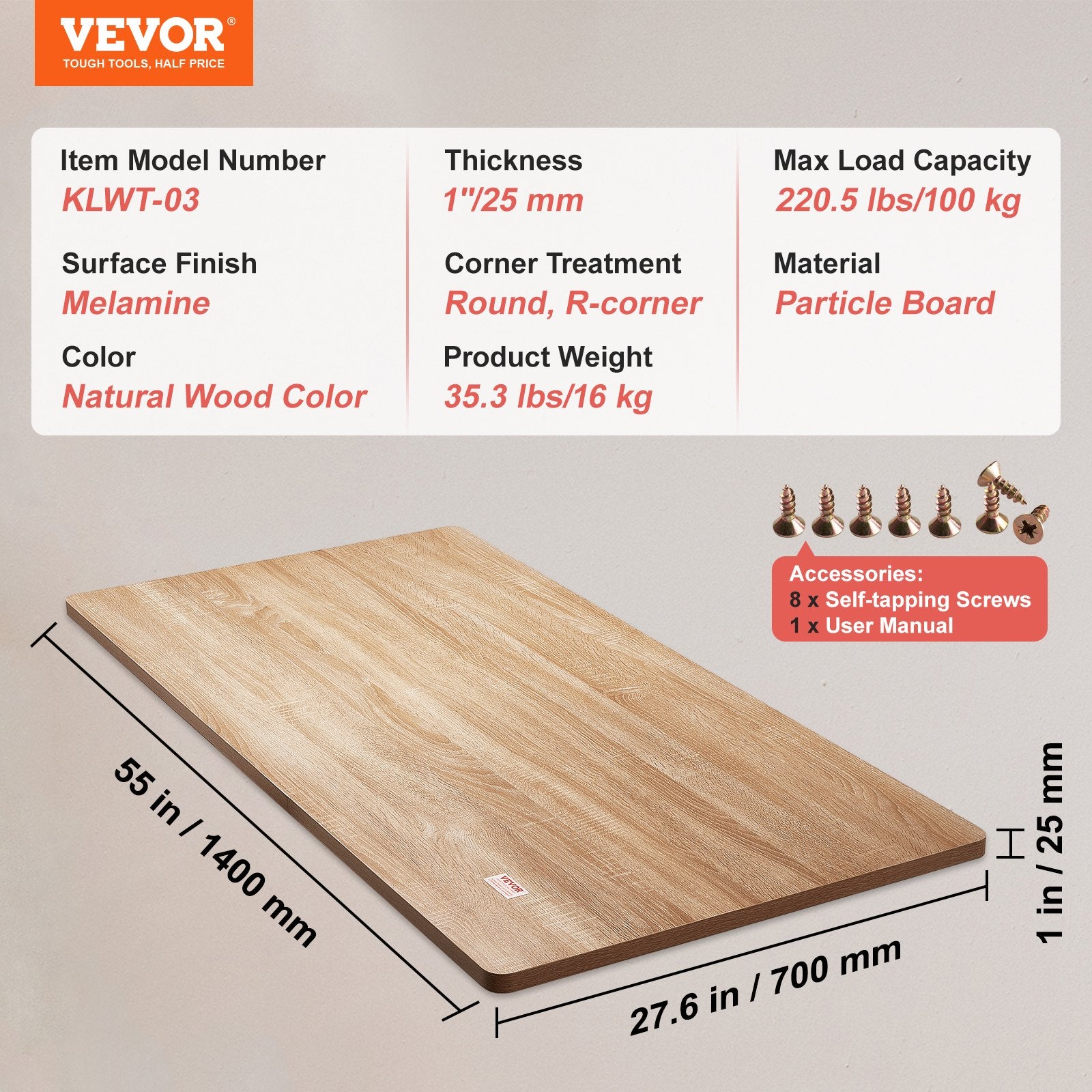 Desks: VEVOR Table Top, 55" x 27.6" x 1", 220.5 lbs Load Capacity, Universal One-Piece Particle Board Desktop for Height Adjustable Electric Standing Desk Frame, Rectangular Countertop for Home & Office Desk