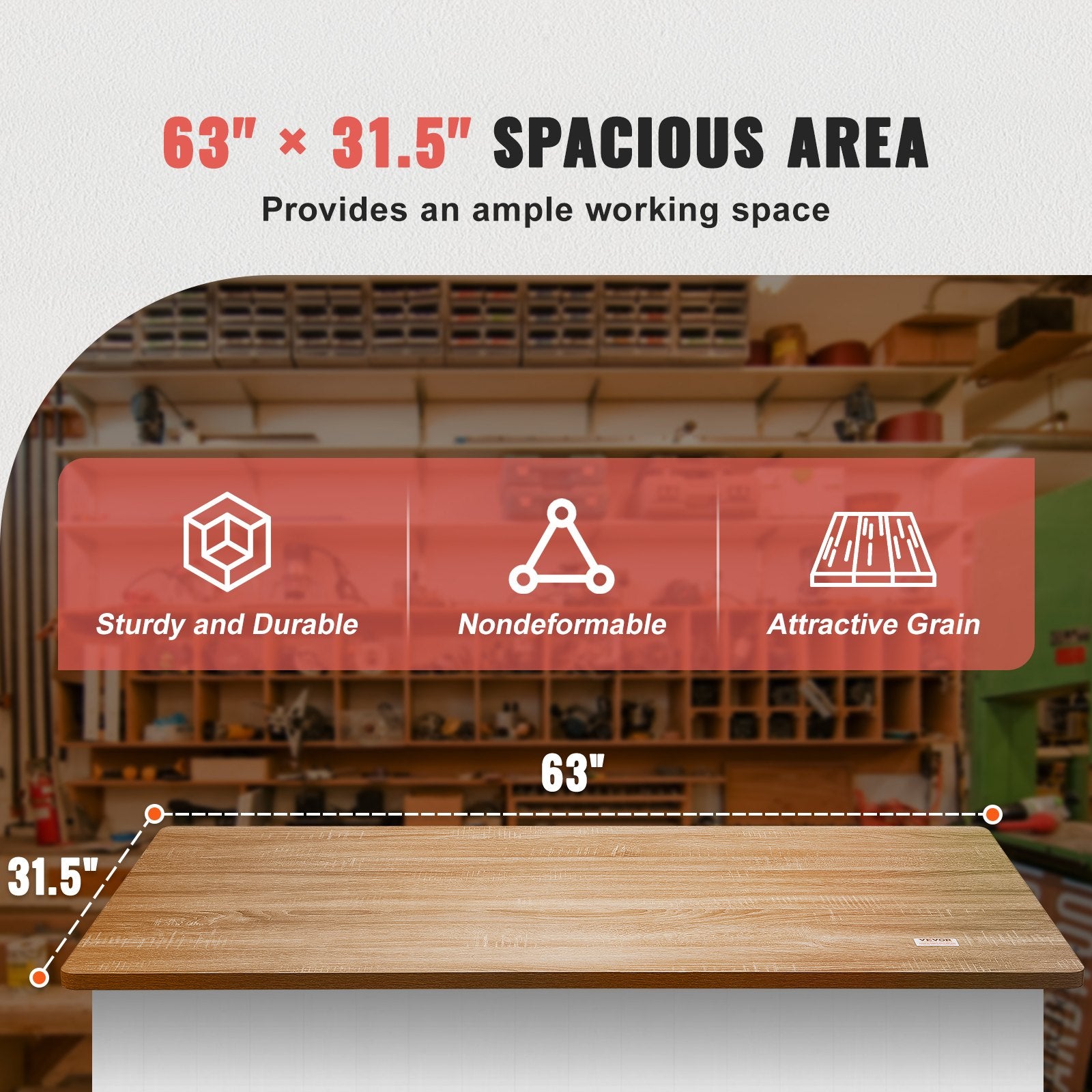 Desks: VEVOR Table Top, 63" x 31.5" x 1", 220.5 lbs Load Capacity, Universal One-Piece Particle Board Desktop for Height Adjustable Electric Standing Desk Frame, Rectangular Countertop for Home & Office Desk