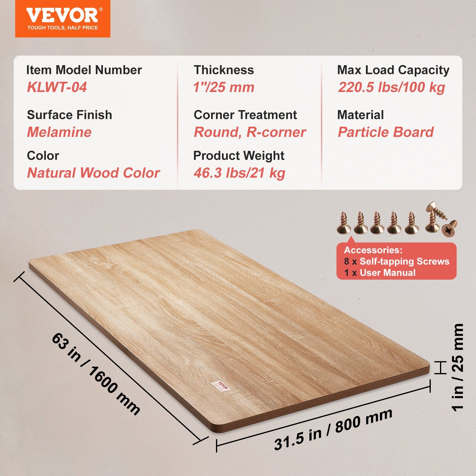 Desks: VEVOR Table Top, 63" x 31.5" x 1", 220.5 lbs Load Capacity, Universal One-Piece Particle Board Desktop for Height Adjustable Electric Standing Desk Frame, Rectangular Countertop for Home & Office Desk