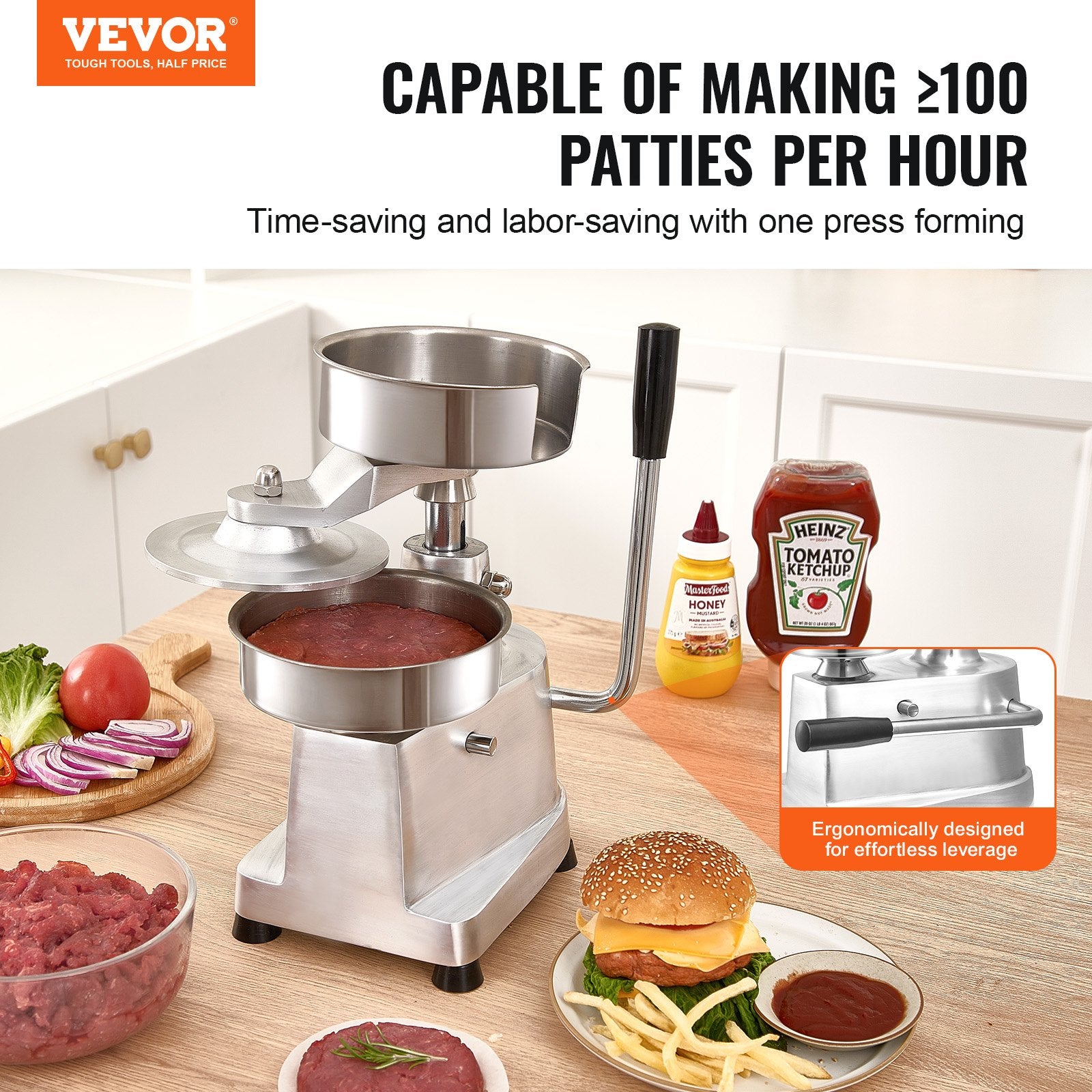 Food Storage: VEVOR Commercial Burger Patty Maker, 150mm Hamburger Beef Patty Maker, Heavy Duty Food-Grade Stainless Steel Bowl Burger Press Machine, Kitchen Meat Forming Processor with 1000 Pcs Patty Papers