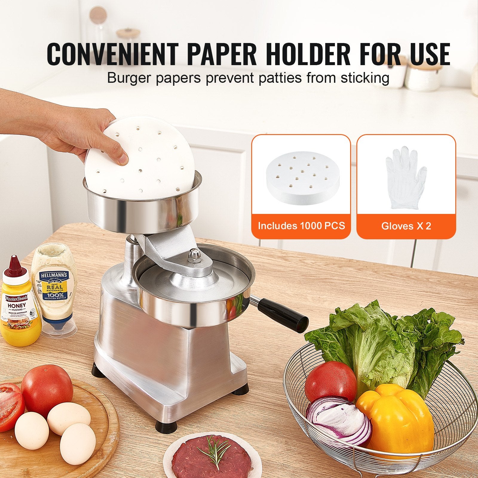 Food Storage: VEVOR Commercial Burger Patty Maker, 150mm Hamburger Beef Patty Maker, Heavy Duty Food-Grade Stainless Steel Bowl Burger Press Machine, Kitchen Meat Forming Processor with 1000 Pcs Patty Papers