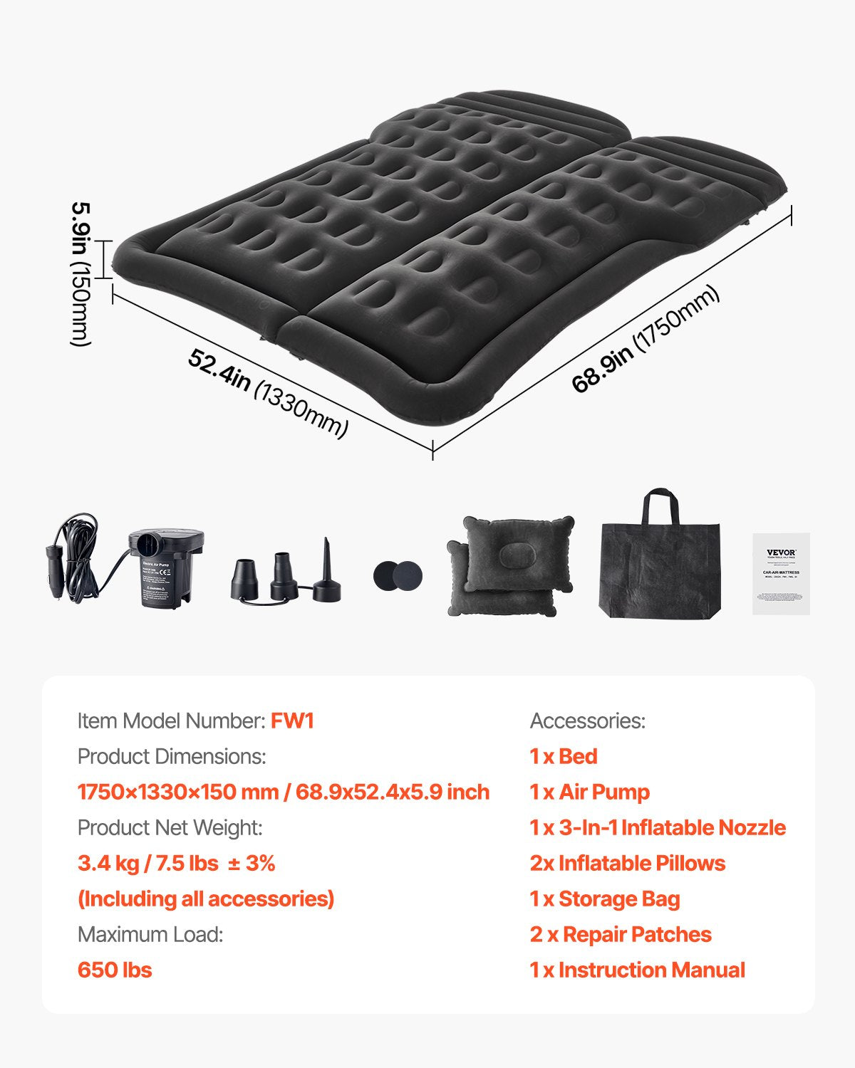 Inflatable Mattresses: VEVOR Car Air Mattress Inflatable Car Camping Travel Sleeping Bed SUV MPV Sedan