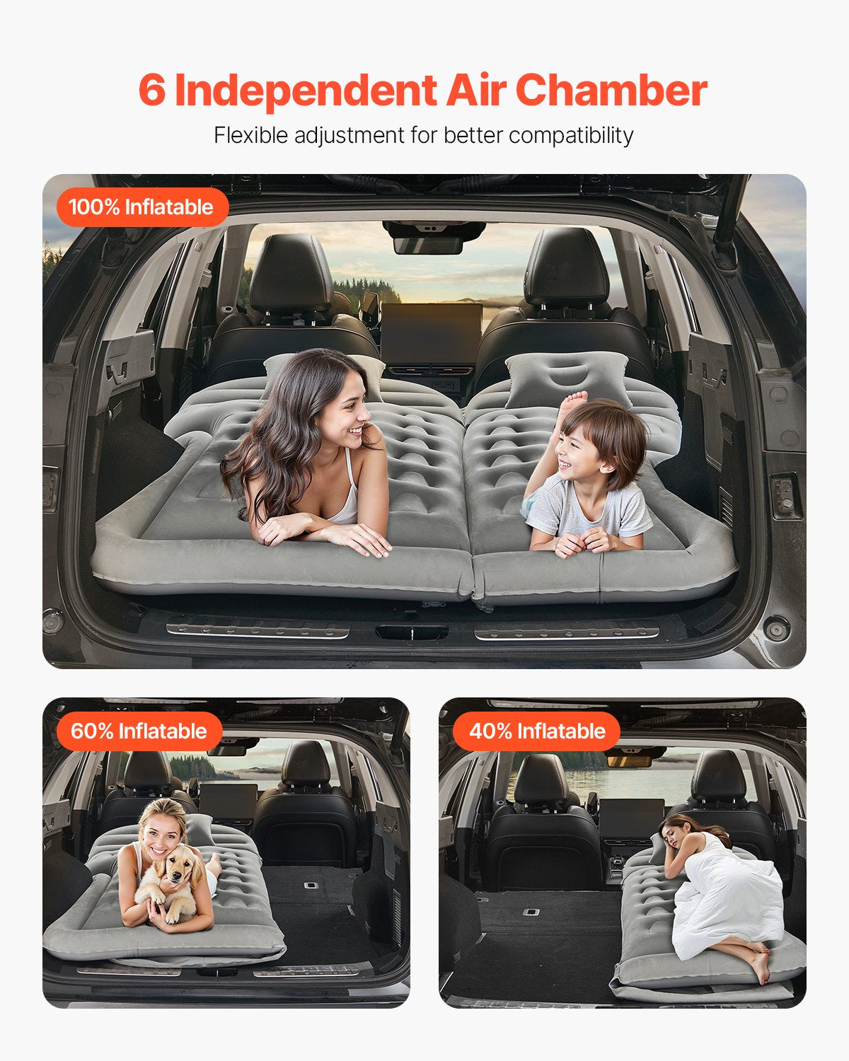 Car Air Mattress, Inflatable Car Camping Mattress, Flocking Thickened Travel Beds, Comfortable and Durable Portable Sleeping Pad with Air Pump, Nozzle, Carry Bag, Fits Most SUV MPV Sedan, Gray