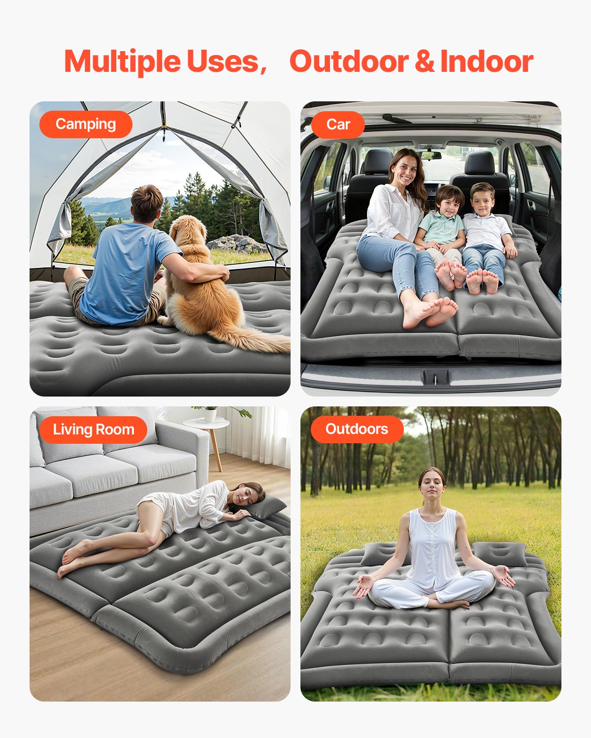 Car Air Mattress, Inflatable Car Camping Mattress, Flocking Thickened Travel Beds, Comfortable and Durable Portable Sleeping Pad with Air Pump, Nozzle, Carry Bag, Fits Most SUV MPV Sedan, Gray