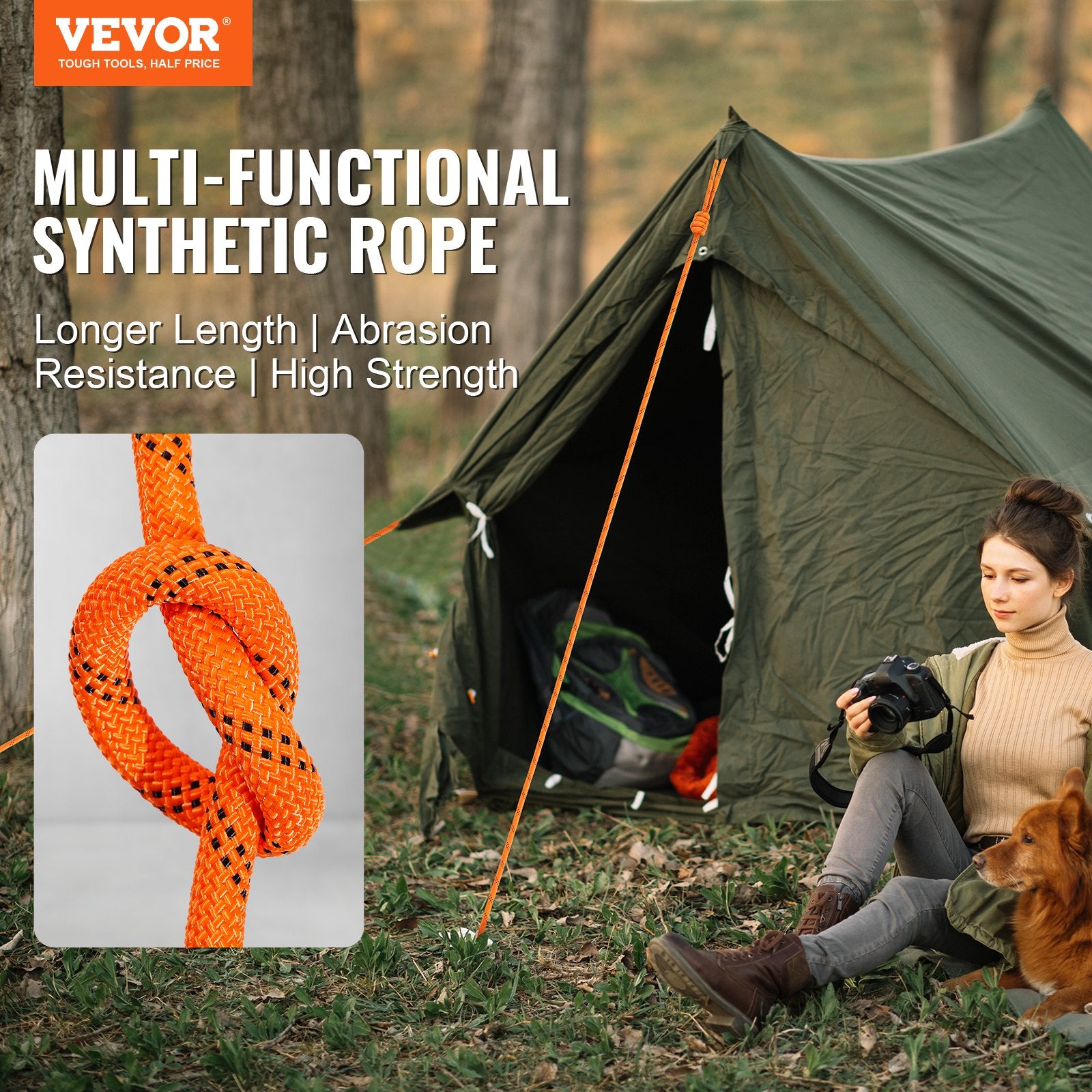 Gym Equipment & Accessories: VEVOR Double Braided Polyester Rope, 12.7 mm x 36.57 m, 48 Strands, 35.58kN Breaking Strength Outdoor Climbing Rope, Arborist Rigging Rope for Rock Hiking Camping Swing Rappelling Rescue, Orange/Black