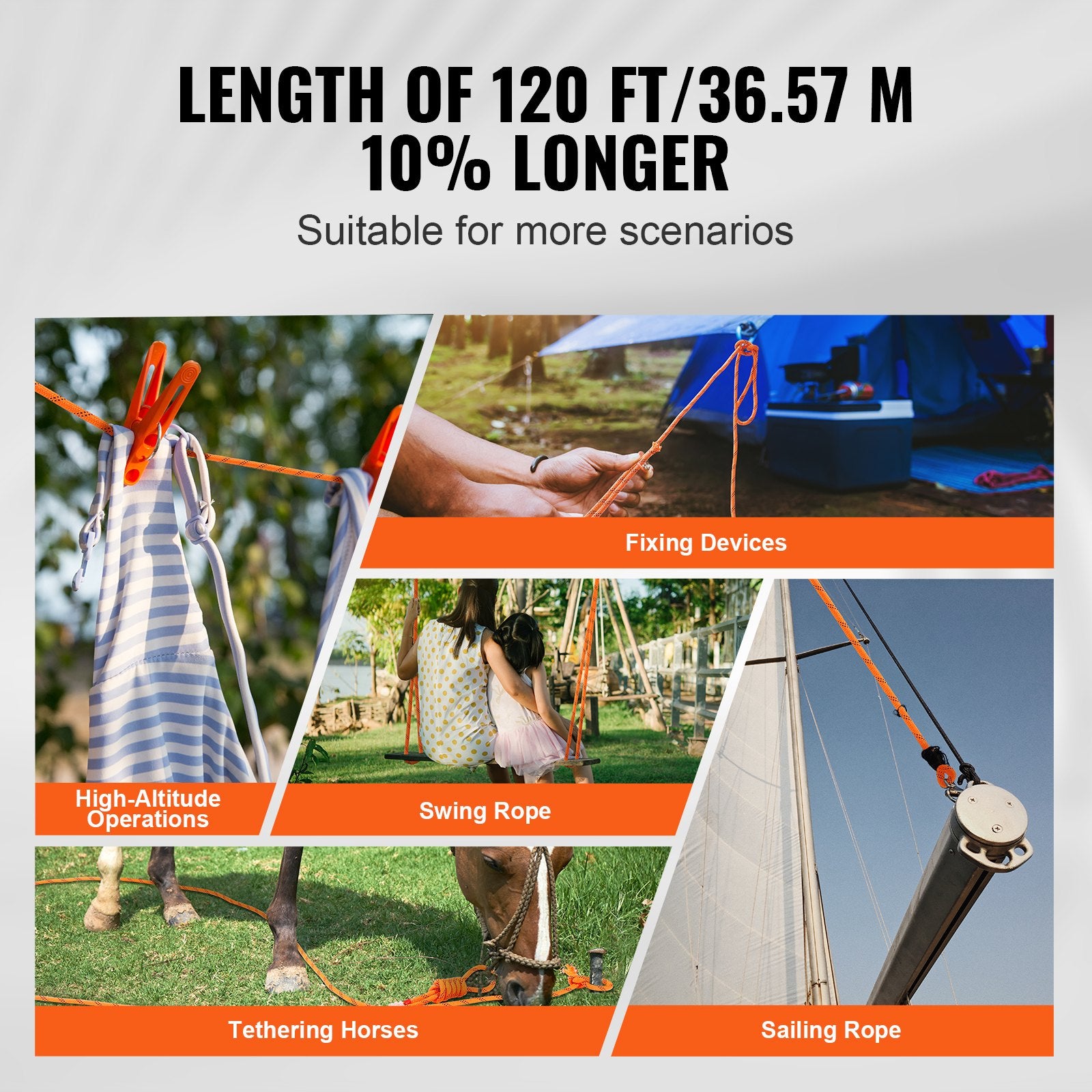 Gym Equipment & Accessories: VEVOR Double Braided Polyester Rope, 12.7 mm x 36.57 m, 48 Strands, 35.58kN Breaking Strength Outdoor Climbing Rope, Arborist Rigging Rope for Rock Hiking Camping Swing Rappelling Rescue, Orange/Black