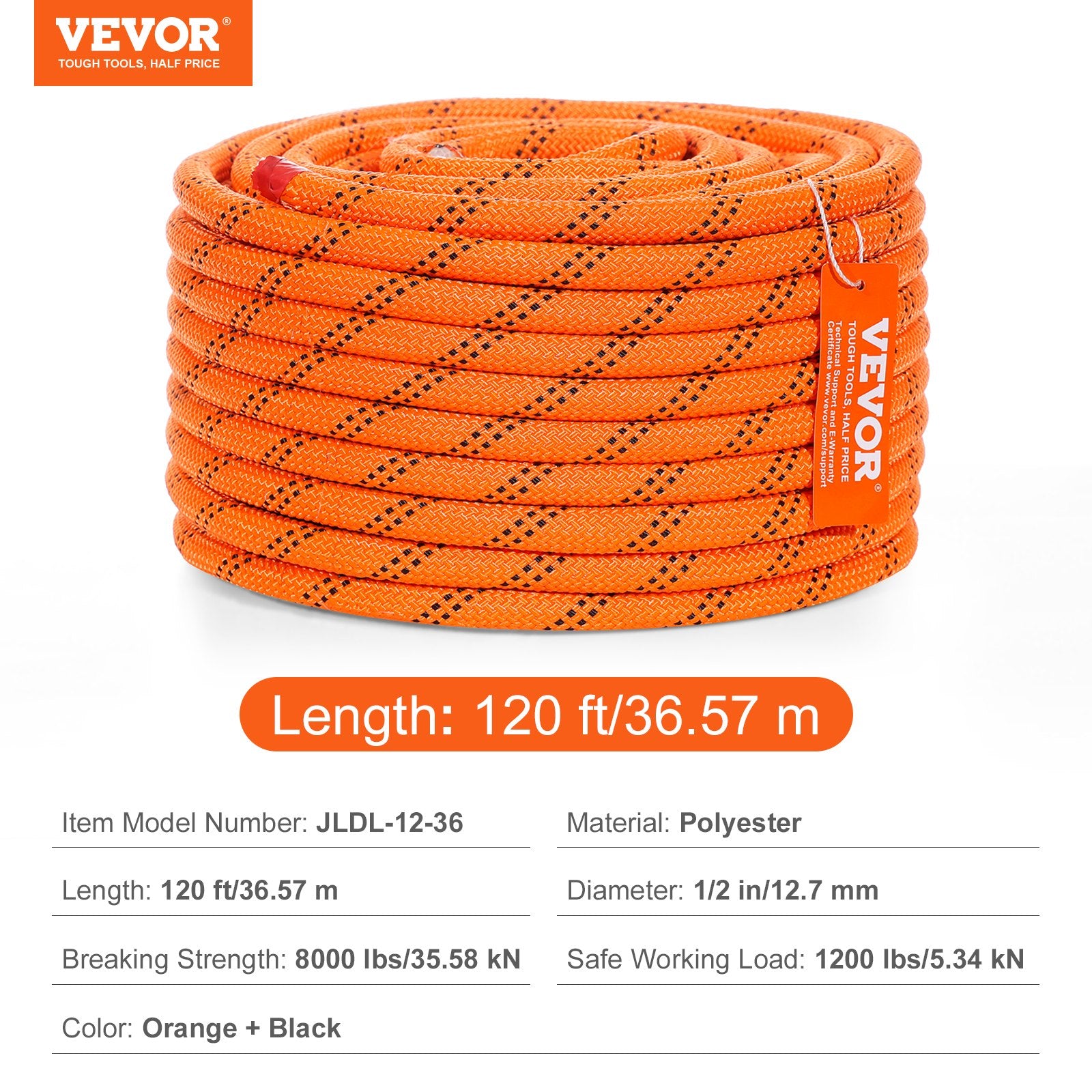Gym Equipment & Accessories: VEVOR Double Braided Polyester Rope, 12.7 mm x 36.57 m, 48 Strands, 35.58kN Breaking Strength Outdoor Climbing Rope, Arborist Rigging Rope for Rock Hiking Camping Swing Rappelling Rescue, Orange/Black