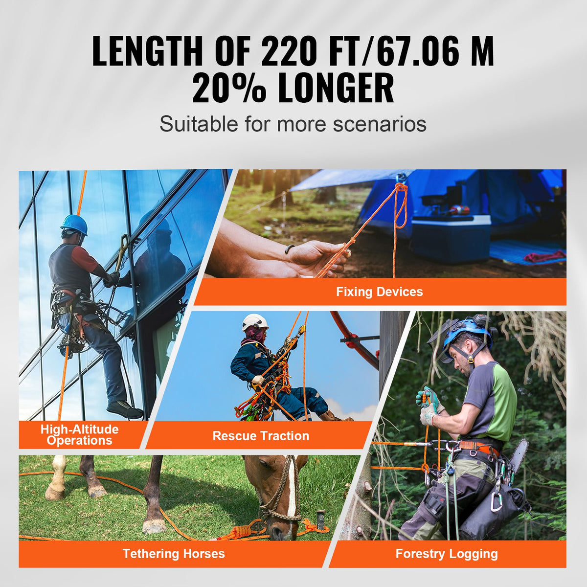 Double Braided Polyester Rope, 19 mm x 67.06 m, 24 Strands, 88.96kN Breaking Strength Outdoor Climbing Rope, Arborist Rigging Rope for Rock Hiking Camping Swing Rappelling Rescue, Orange/Black