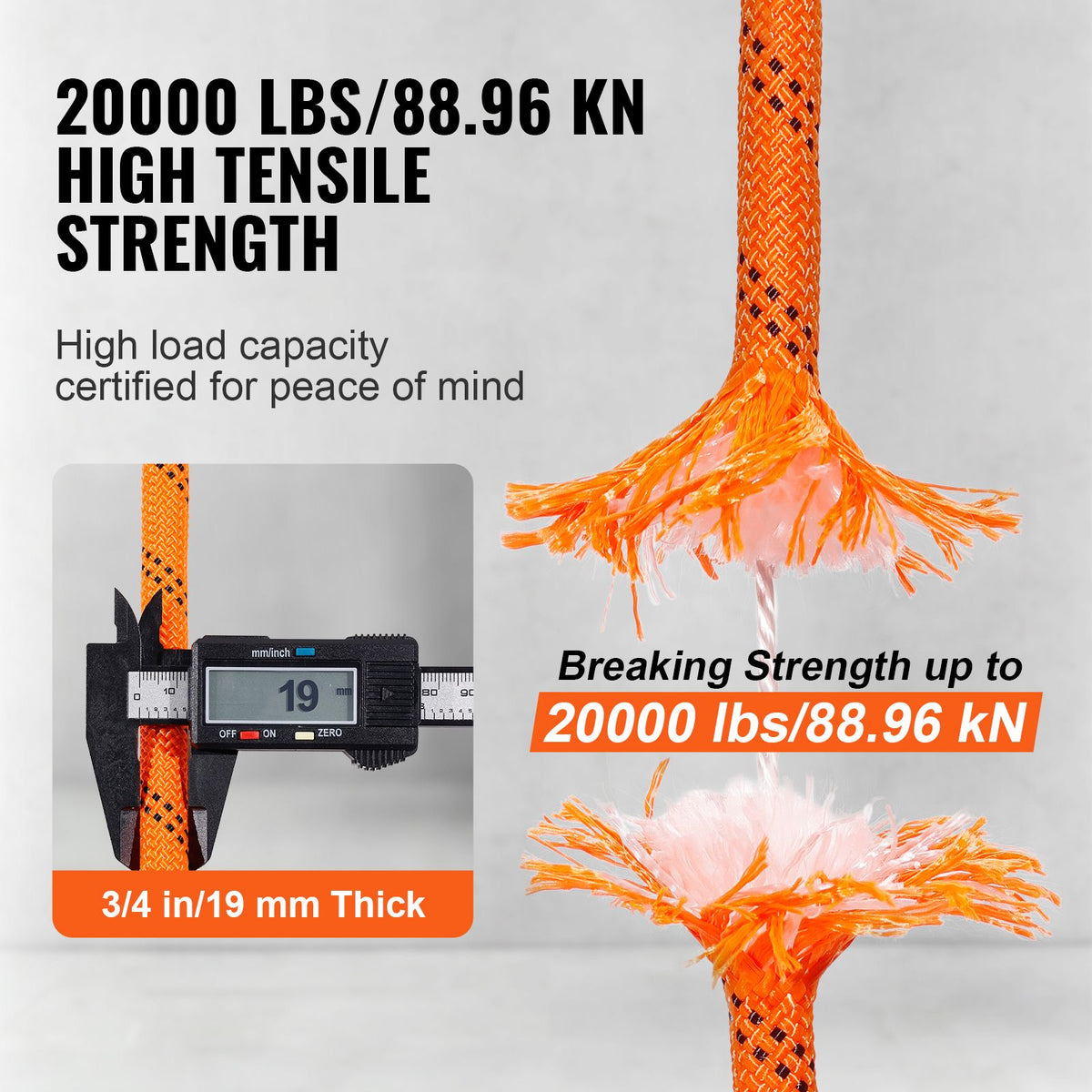 Double Braided Polyester Rope, 19 mm x 67.06 m, 24 Strands, 88.96kN Breaking Strength Outdoor Climbing Rope, Arborist Rigging Rope for Rock Hiking Camping Swing Rappelling Rescue, Orange/Black
