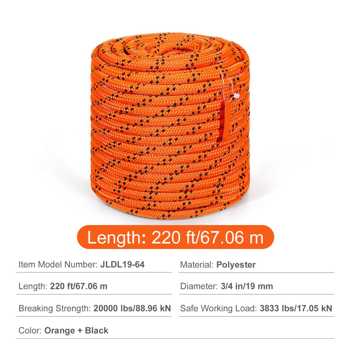 Double Braided Polyester Rope, 19 mm x 67.06 m, 24 Strands, 88.96kN Breaking Strength Outdoor Climbing Rope, Arborist Rigging Rope for Rock Hiking Camping Swing Rappelling Rescue, Orange/Black