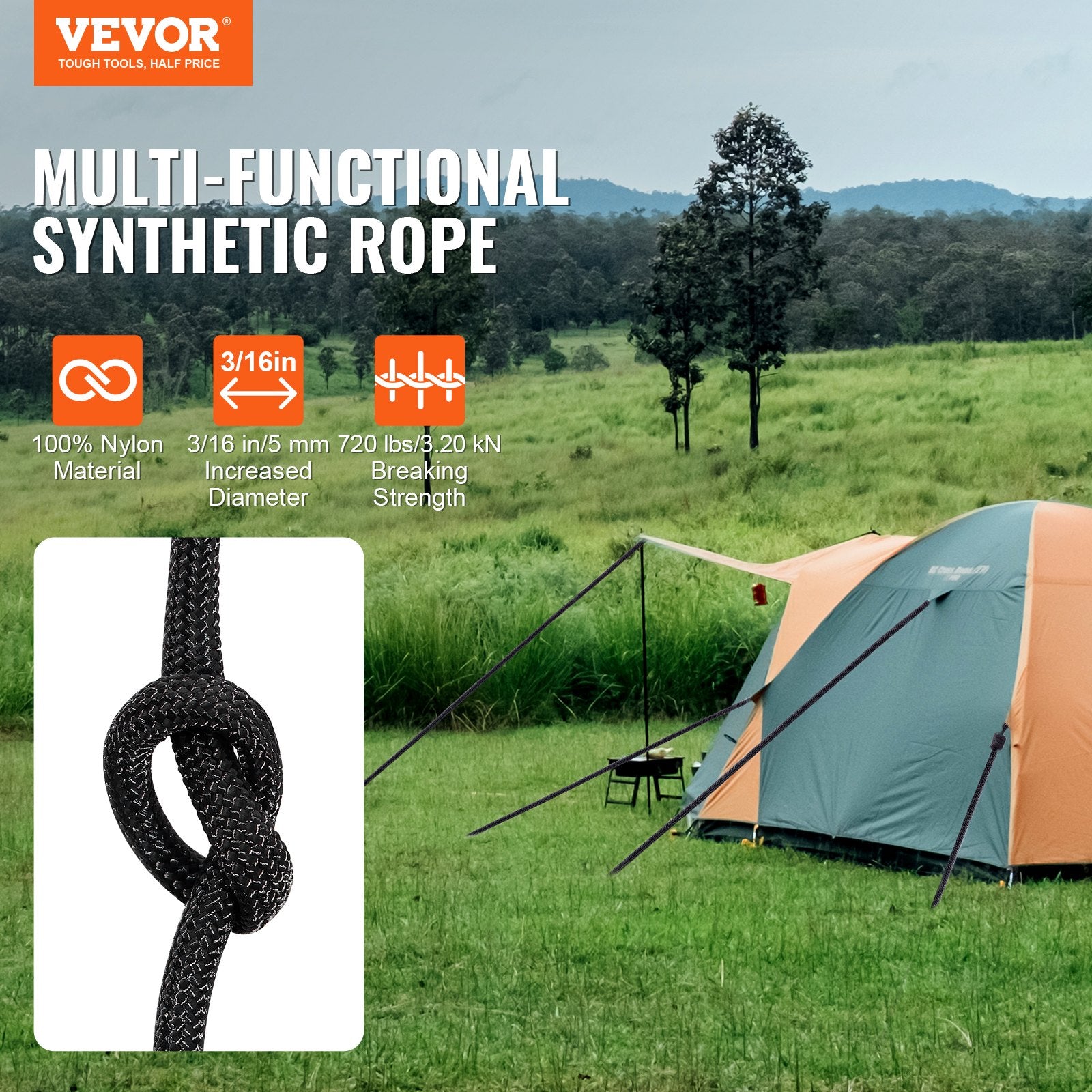 Gym Equipment & Accessories: VEVOR Braided Nylon Rope, 5 mm x 304.8 m, 32 Strands, 3.20kN Breaking Strength Outdoor Climbing Rope, Arborist Tree Climbing Rigging Rope Ideal for Rock Hiking Camping Swing Rappelling Rescue, Black