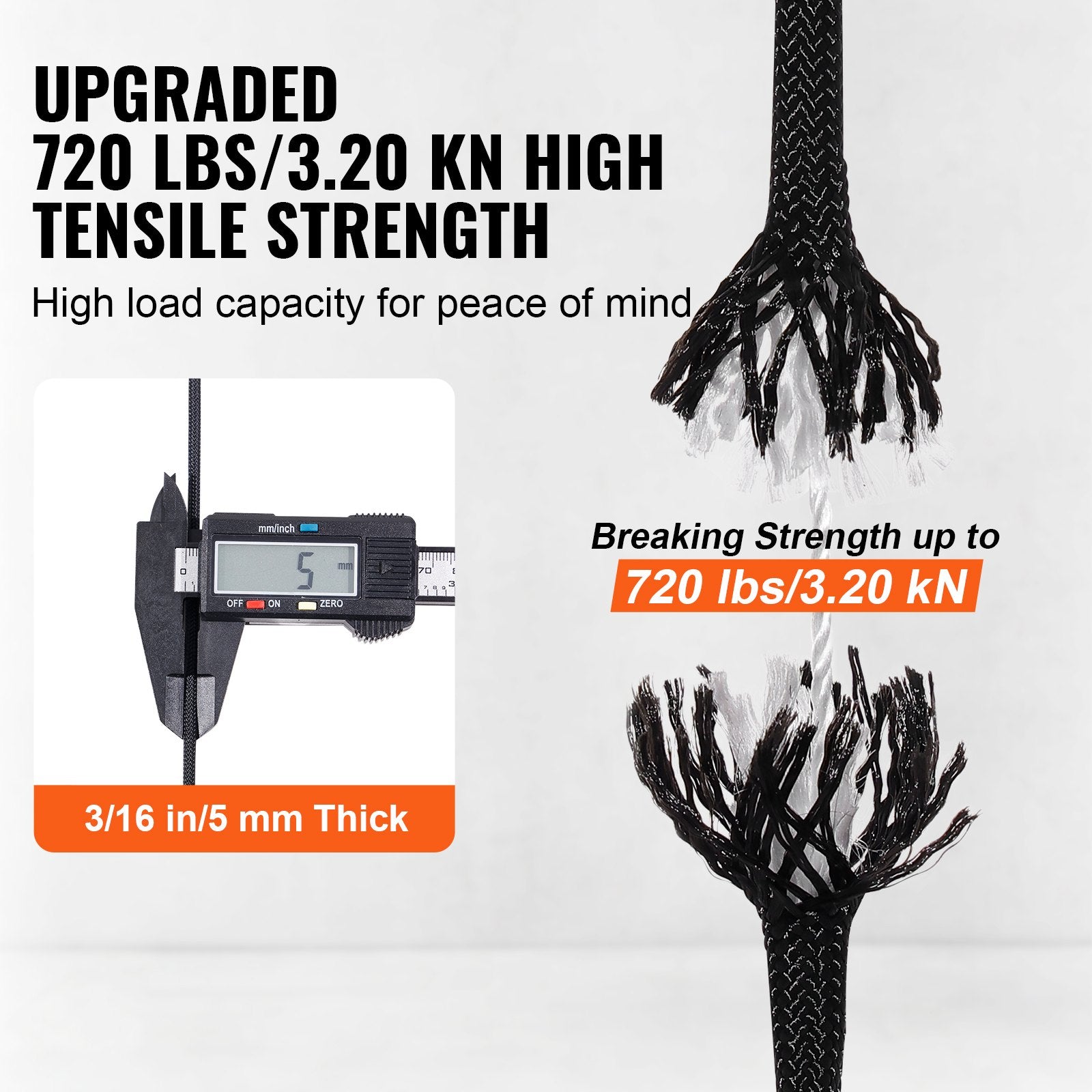 Gym Equipment & Accessories: VEVOR Braided Nylon Rope, 5 mm x 304.8 m, 32 Strands, 3.20kN Breaking Strength Outdoor Climbing Rope, Arborist Tree Climbing Rigging Rope Ideal for Rock Hiking Camping Swing Rappelling Rescue, Black