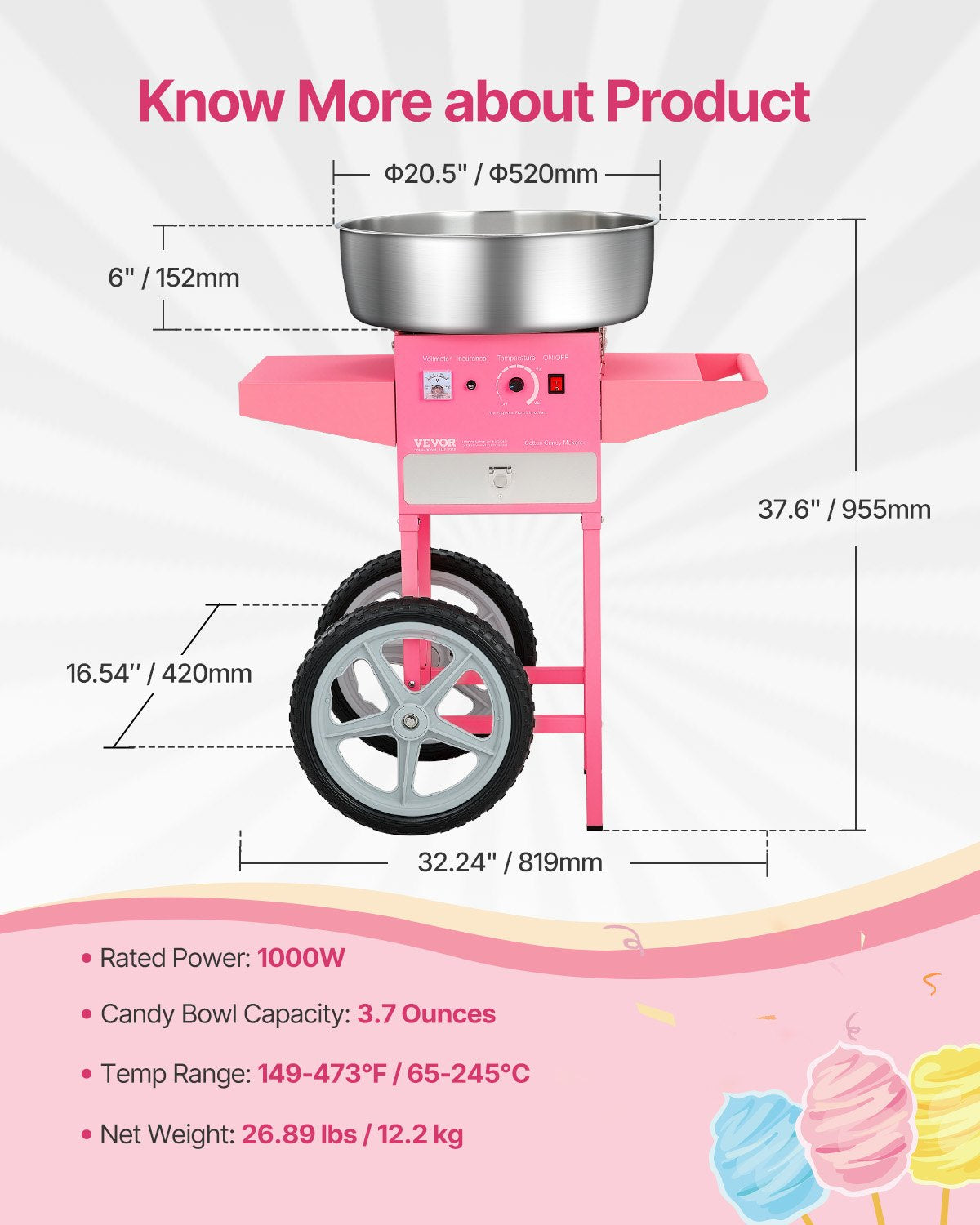 Food Storage: VEVOR Electric Cotton Candy Machine with Cart, 1000W Commercial Candy Floss Maker with 52cm in Stainless Steel Bowl, Sugar Scoop, and Drawer, Easy to Use, for Home, Kids Birthday, Family Party, Pink