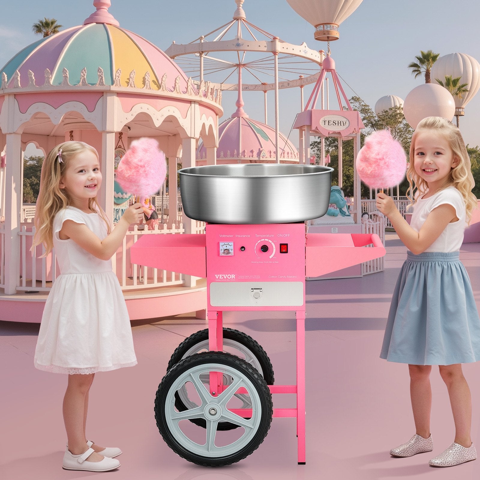 Food Storage: VEVOR Electric Cotton Candy Machine with Cart, 1000W Commercial Candy Floss Maker with 52cm in Stainless Steel Bowl, Sugar Scoop, and Drawer, Easy to Use, for Home, Kids Birthday, Family Party, Pink