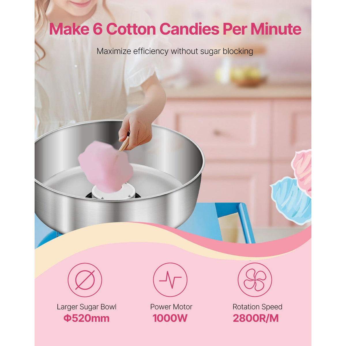 Electric Cotton Candy Machine with Cart, 1000W Commercial Candy Floss Maker with 52cm Stainless Steel Bowl, Sugar Scoop, and Drawer, Easy to Use, for Home, Kids Birthday, Family Party, Blue