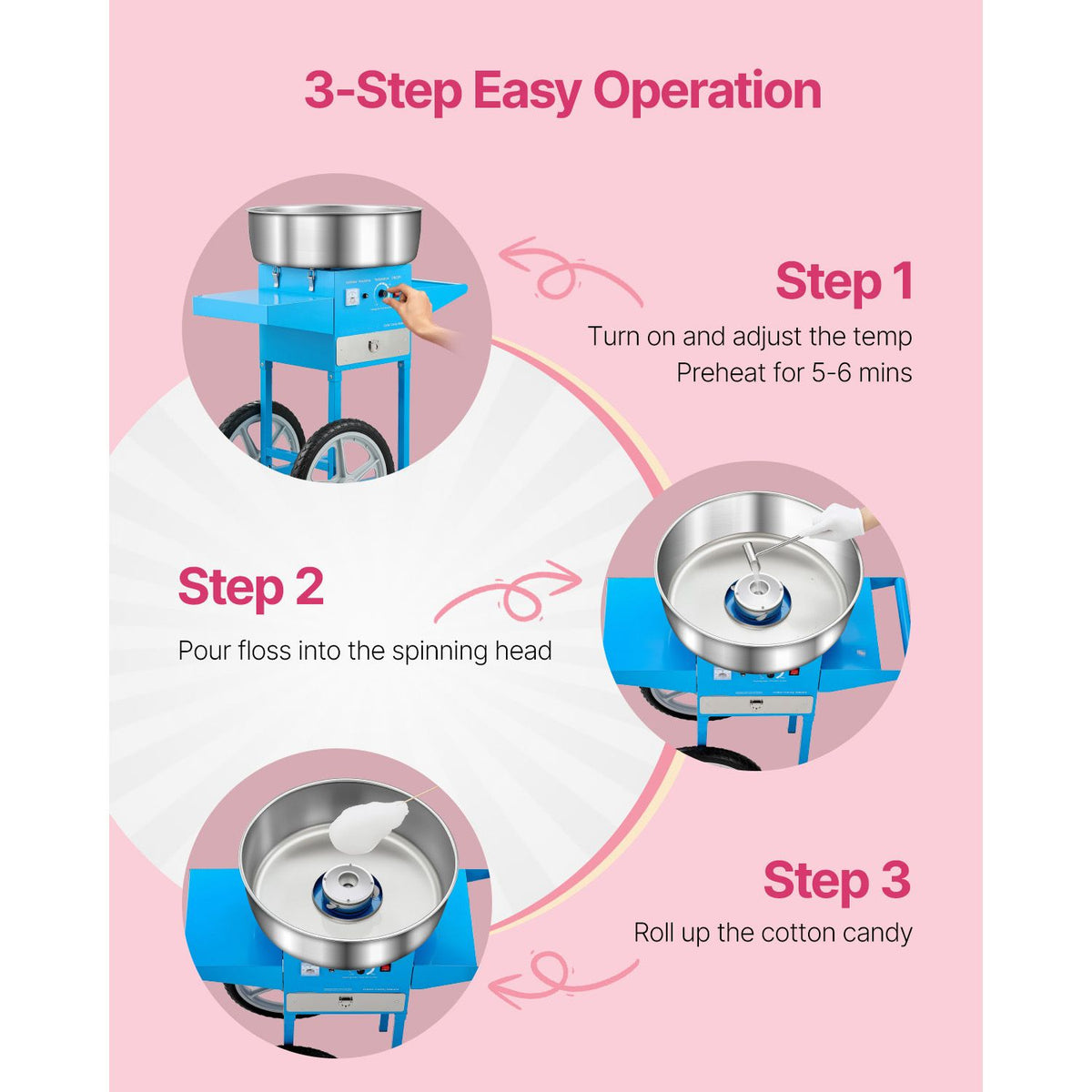 Electric Cotton Candy Machine with Cart, 1000W Commercial Candy Floss Maker with 52cm Stainless Steel Bowl, Sugar Scoop, and Drawer, Easy to Use, for Home, Kids Birthday, Family Party, Blue