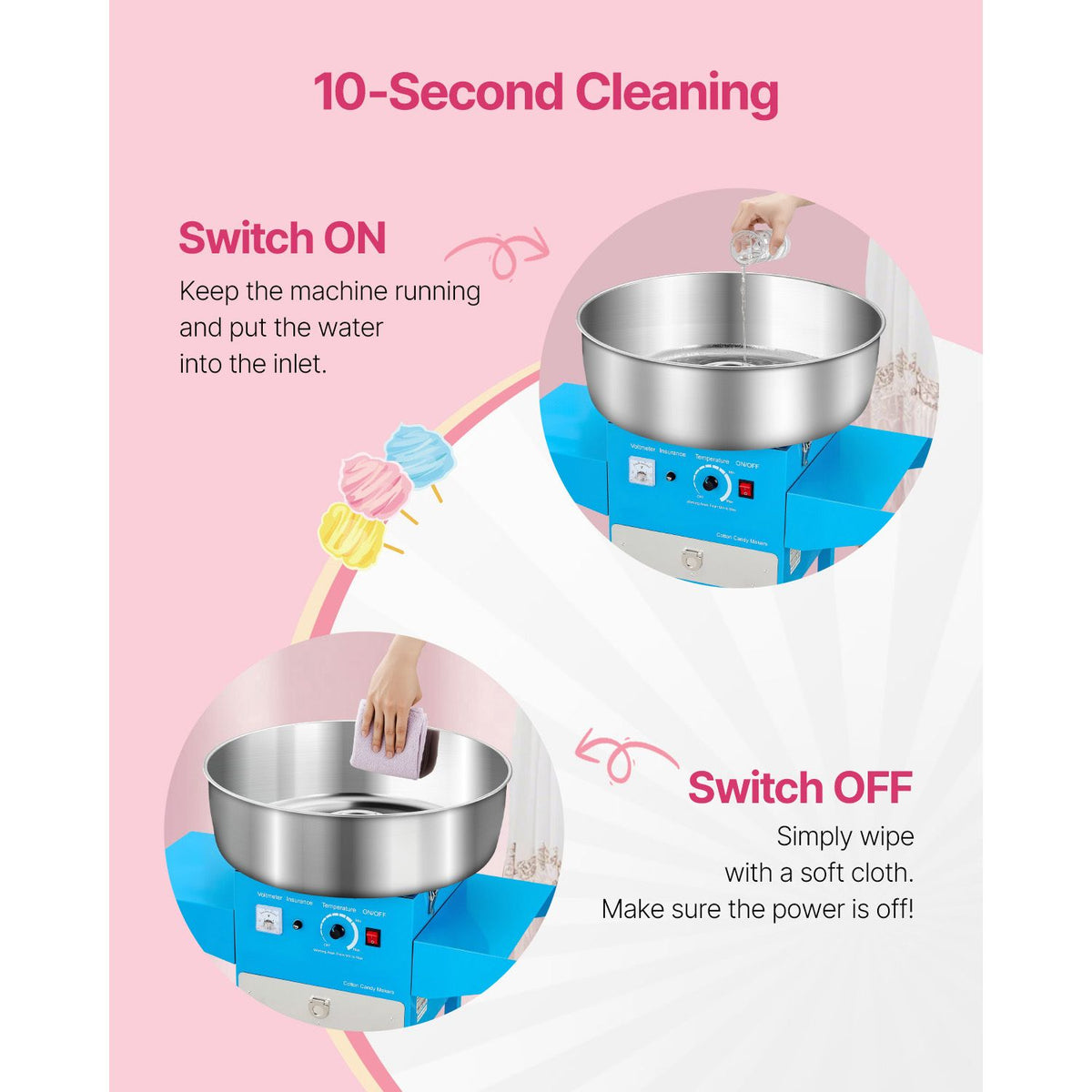 Electric Cotton Candy Machine with Cart, 1000W Commercial Candy Floss Maker with 52cm Stainless Steel Bowl, Sugar Scoop, and Drawer, Easy to Use, for Home, Kids Birthday, Family Party, Blue