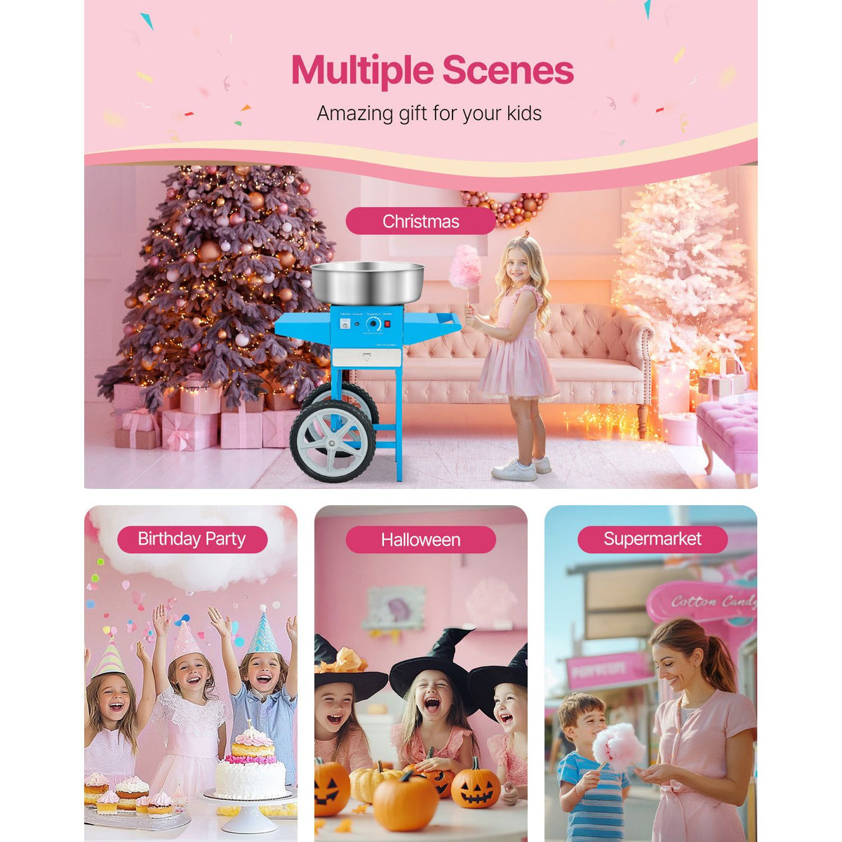 Electric Cotton Candy Machine with Cart, 1000W Commercial Candy Floss Maker with 52cm Stainless Steel Bowl, Sugar Scoop, and Drawer, Easy to Use, for Home, Kids Birthday, Family Party, Blue
