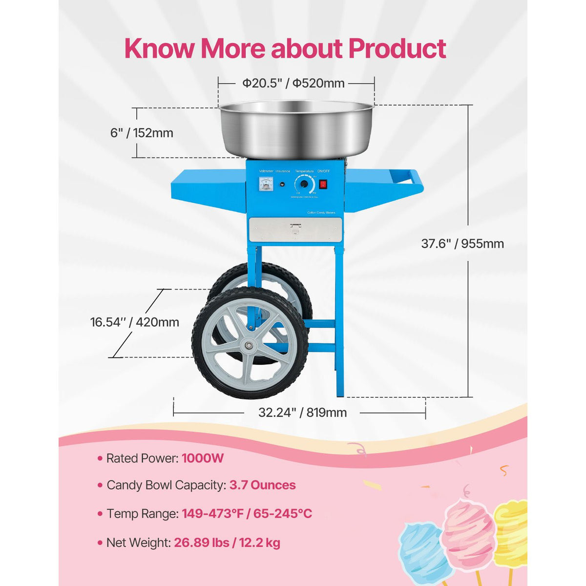 Electric Cotton Candy Machine with Cart, 1000W Commercial Candy Floss Maker with 52cm Stainless Steel Bowl, Sugar Scoop, and Drawer, Easy to Use, for Home, Kids Birthday, Family Party, Blue