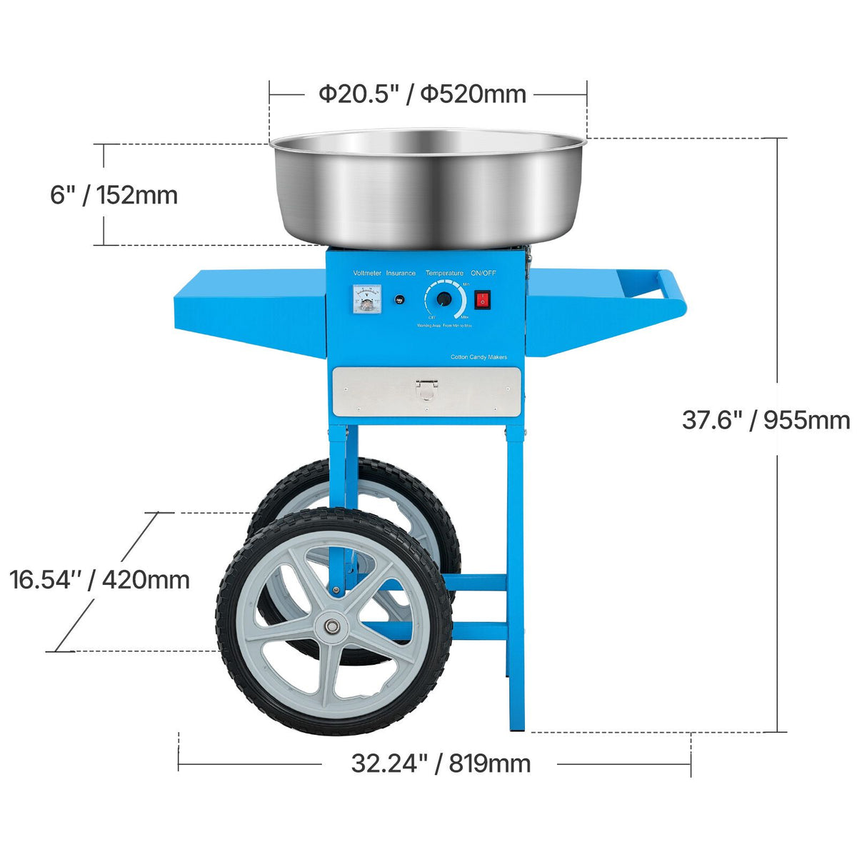 Electric Cotton Candy Machine with Cart, 1000W Commercial Candy Floss Maker with 52cm Stainless Steel Bowl, Sugar Scoop, and Drawer, Easy to Use, for Home, Kids Birthday, Family Party, Blue