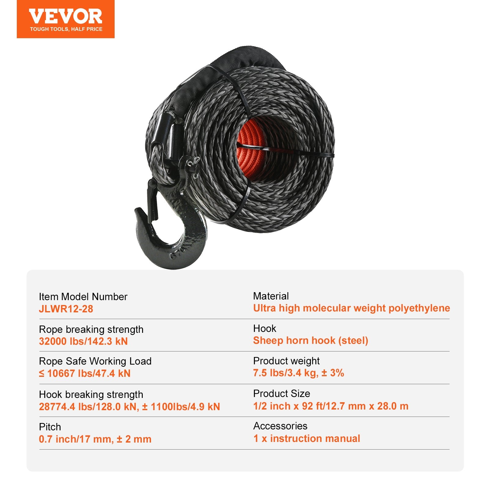 Wine & Champagne Hampers: VEVOR Synthetic Winch Rope, 12.7 mm x 28 m, 142.3 kN, Synthetic Winch Line Cable Rope with Protective Sleeve + Forged Winch Hook + Pull Strap, Universal Fit for SUV, Large Off-Road Vehicle, Truck