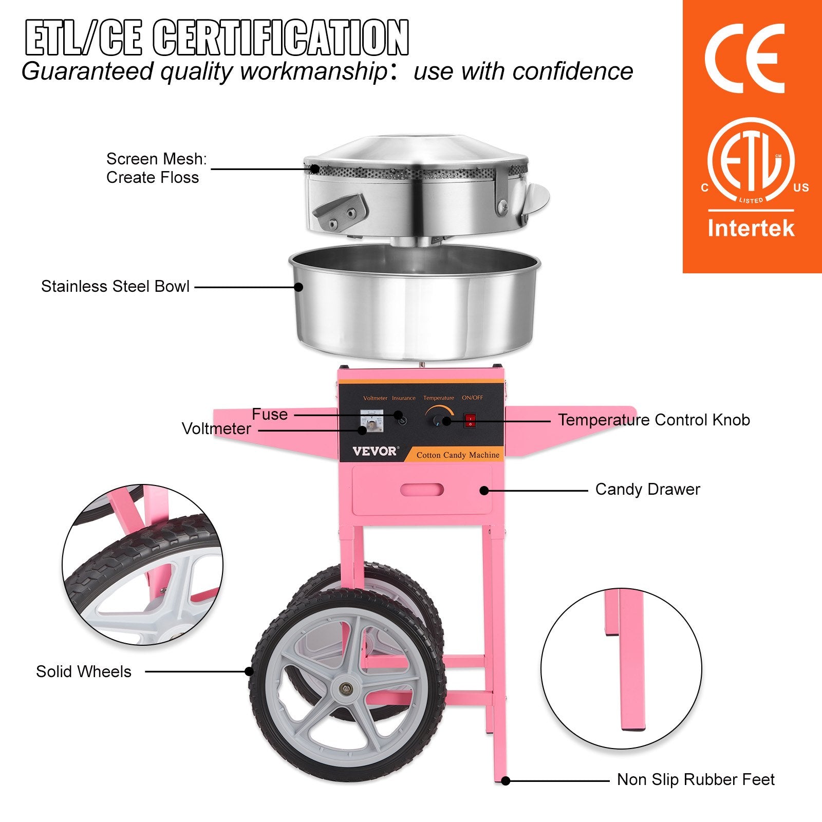 Commercial Cotton Candy Machine with Cart Sugar Floss Maker 1000W Party