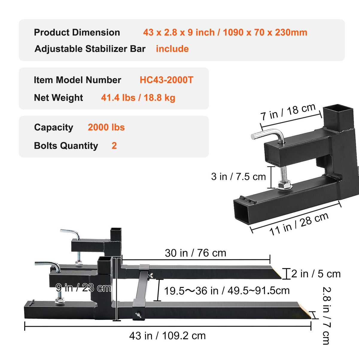 Pallet Forks, 907 kg Clamp on Pallet Forks, 1090 mm Total Length Tractor Bucket Forks with Adjustable Stabilizer bar, Heavy Duty Pallet Forks for Tractor Attachments, Skid Steer, Loader Bucket