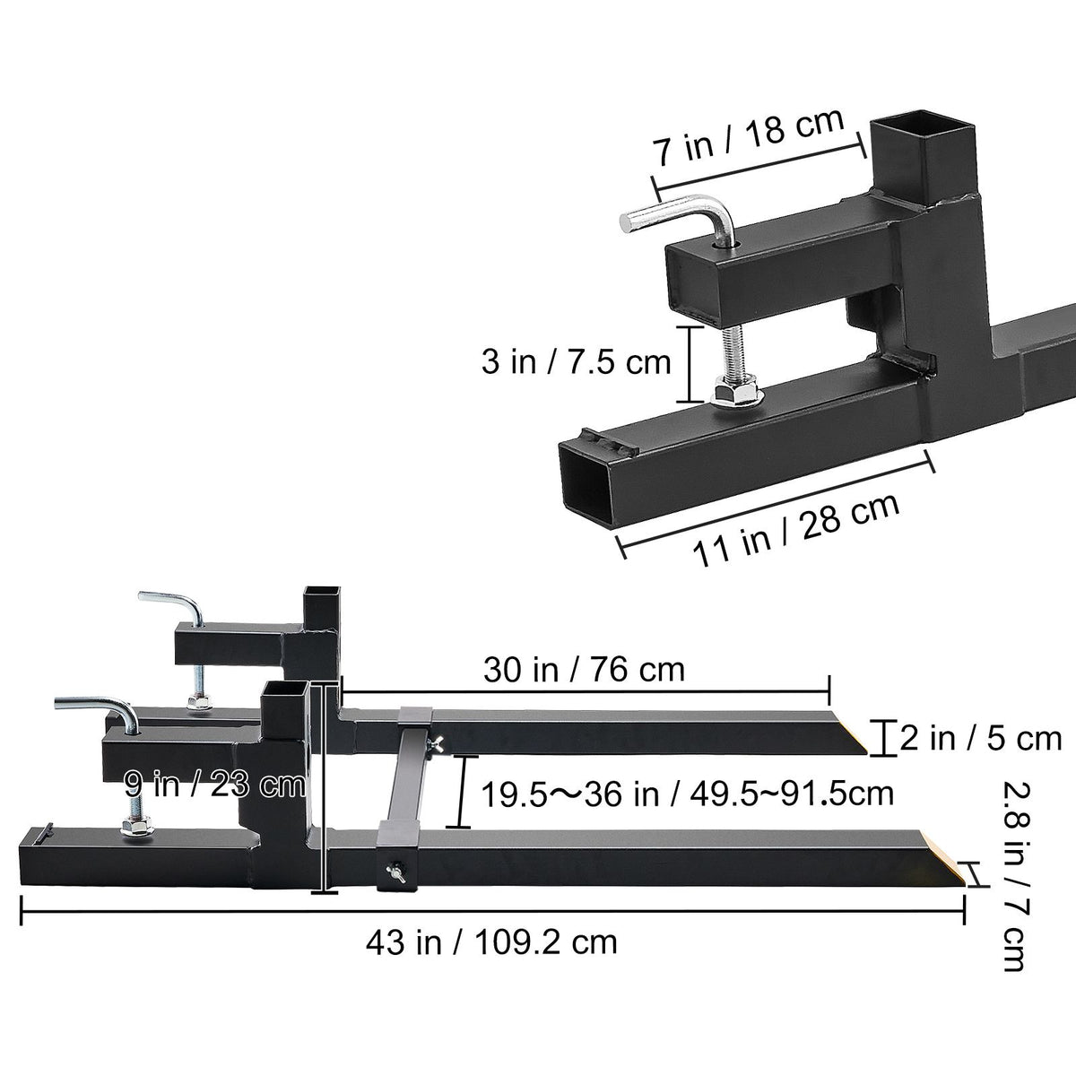 Pallet Forks, 907 kg Clamp on Pallet Forks, 1090 mm Total Length Tractor Bucket Forks with Adjustable Stabilizer bar, Heavy Duty Pallet Forks for Tractor Attachments, Skid Steer, Loader Bucket