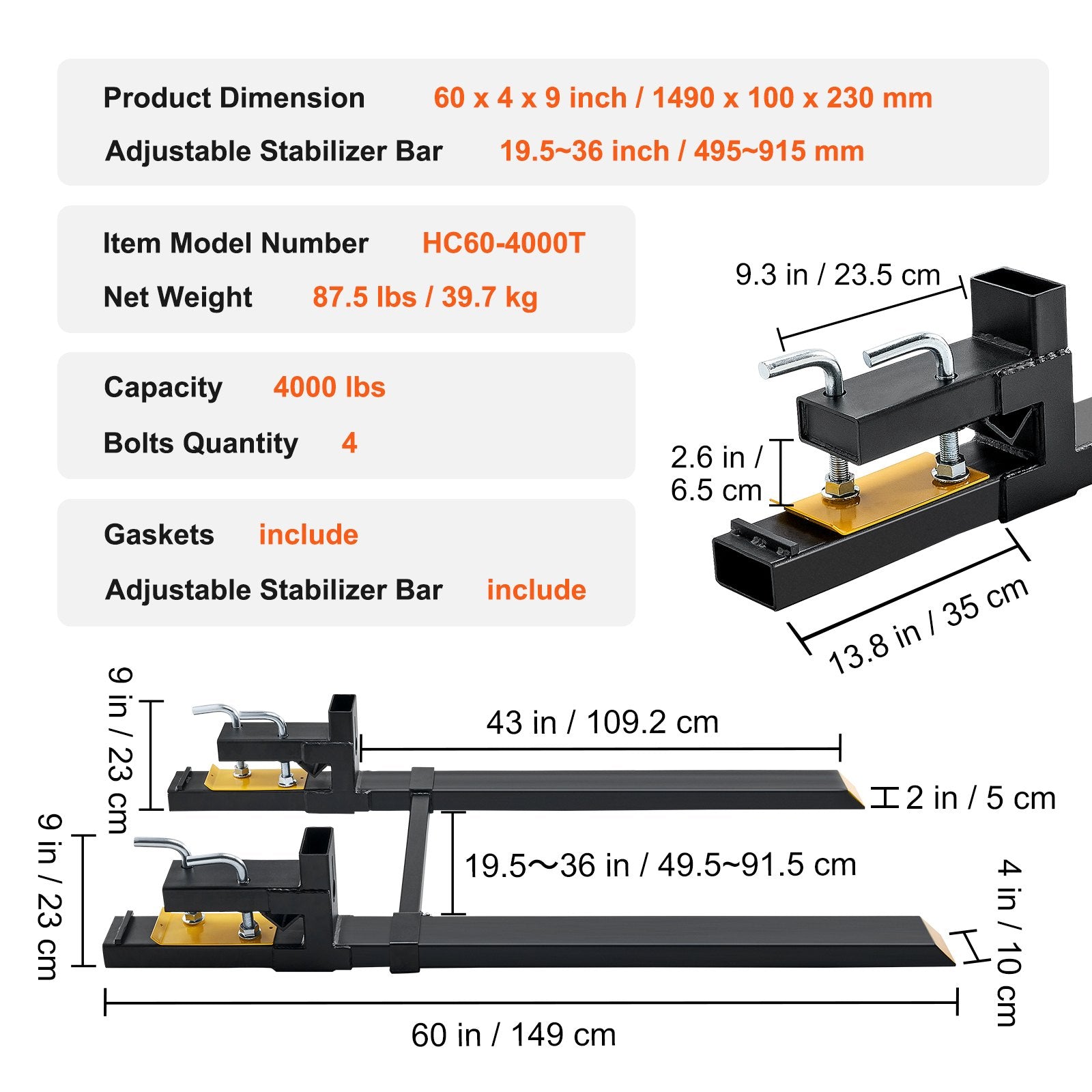 Automotive Parts: VEVOR Pallet Forks, 907 kg Clamp on Pallet Forks, 1490 mm Total Length Heavy Duty Pallet Forks with Adjustable Stabilizer bar, Tractor Bucket Forks for Tractor Attachments, Skid Steer, Loader Bucket