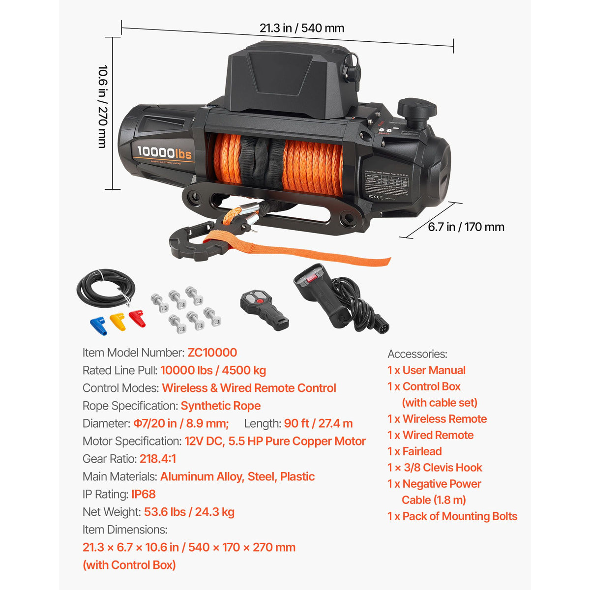 Electric Winch, 4500 kg Load Capacity, 12V DC Truck Winch with Φ8.9 mm x 27.4 m Synthetic Rope, Wireless & Wired Remote Control, IP67 Waterproof for Towing Off-Road SUV Jeep Trailer Boat