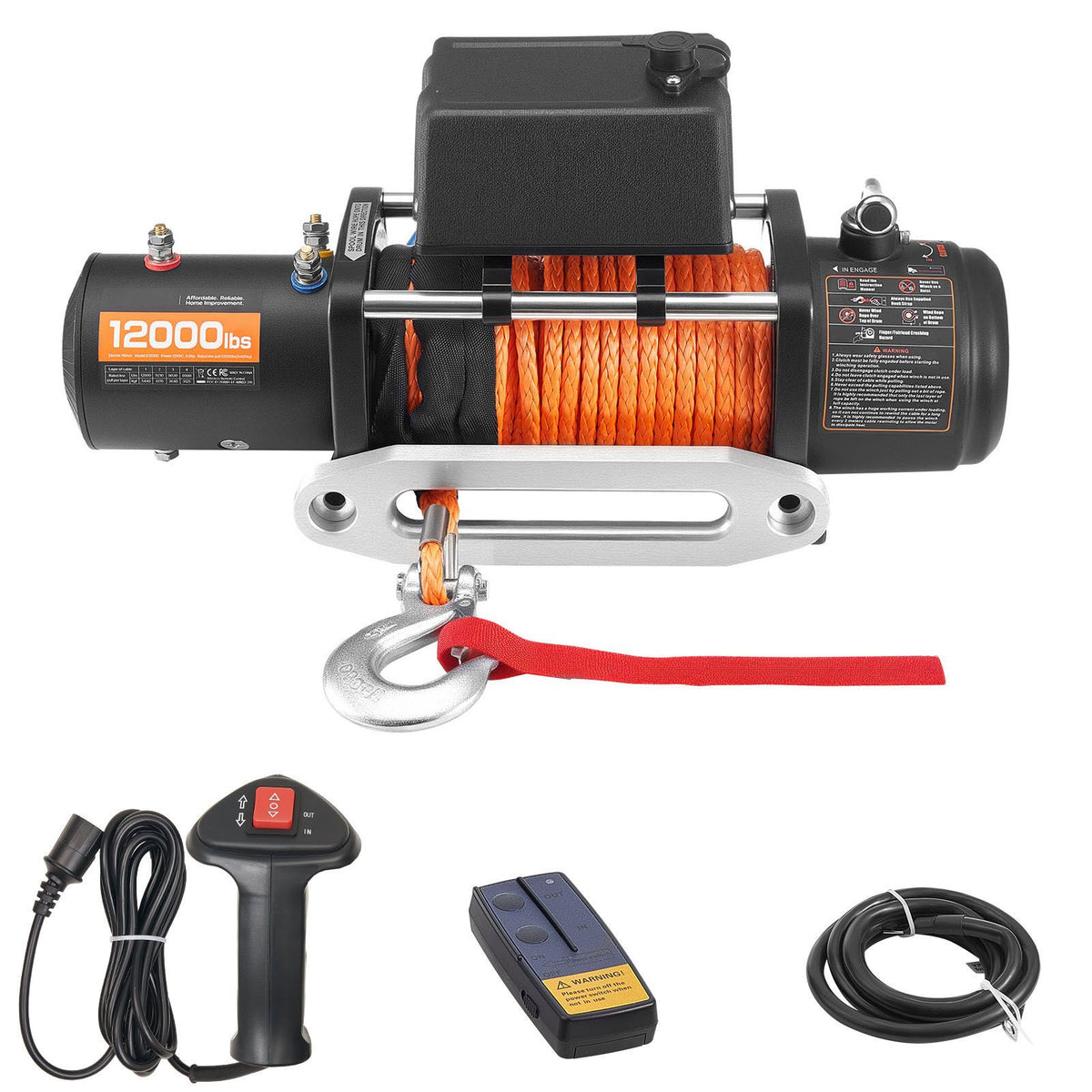 Electric Winch, 5400 kg Load Capacity, 12V DC Truck Winch with Φ9.1 mm x 23 m Synthetic Rope, Wireless & Wired Remote Control, IP55 Waterproof for Towing Off-Road SUV Jeep Trailer Boat