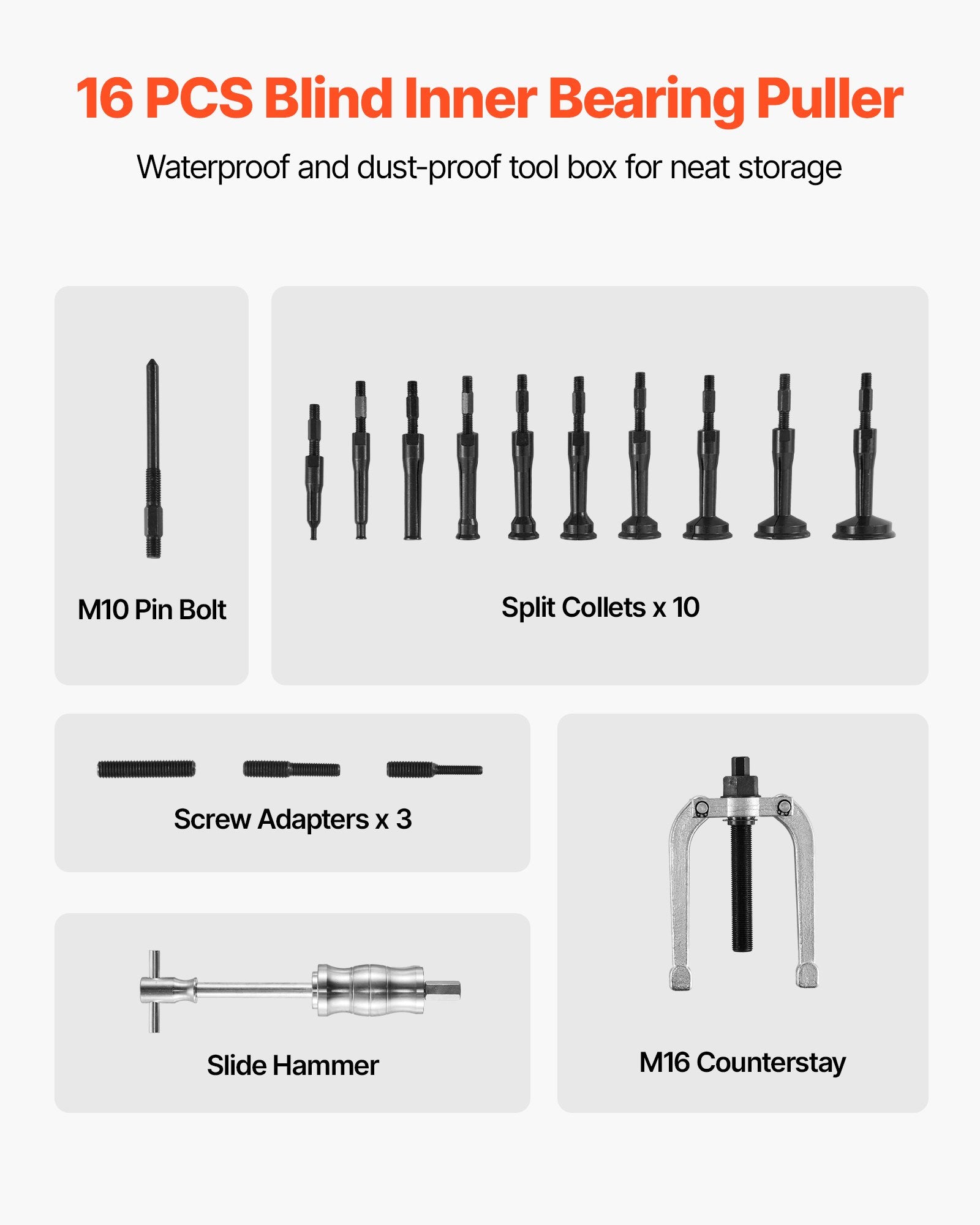 Automotive Repair & Speciality Tools: VEVOR Blind Hole Bearing Puller Set, 16-in-1 Inner Bearing Race and Seal Extractor Kit, 16 PCS Slide Hammer Pilot Insert Inner Internal Bearing Removal Tool Set with 10 Split Collets and Counterstay