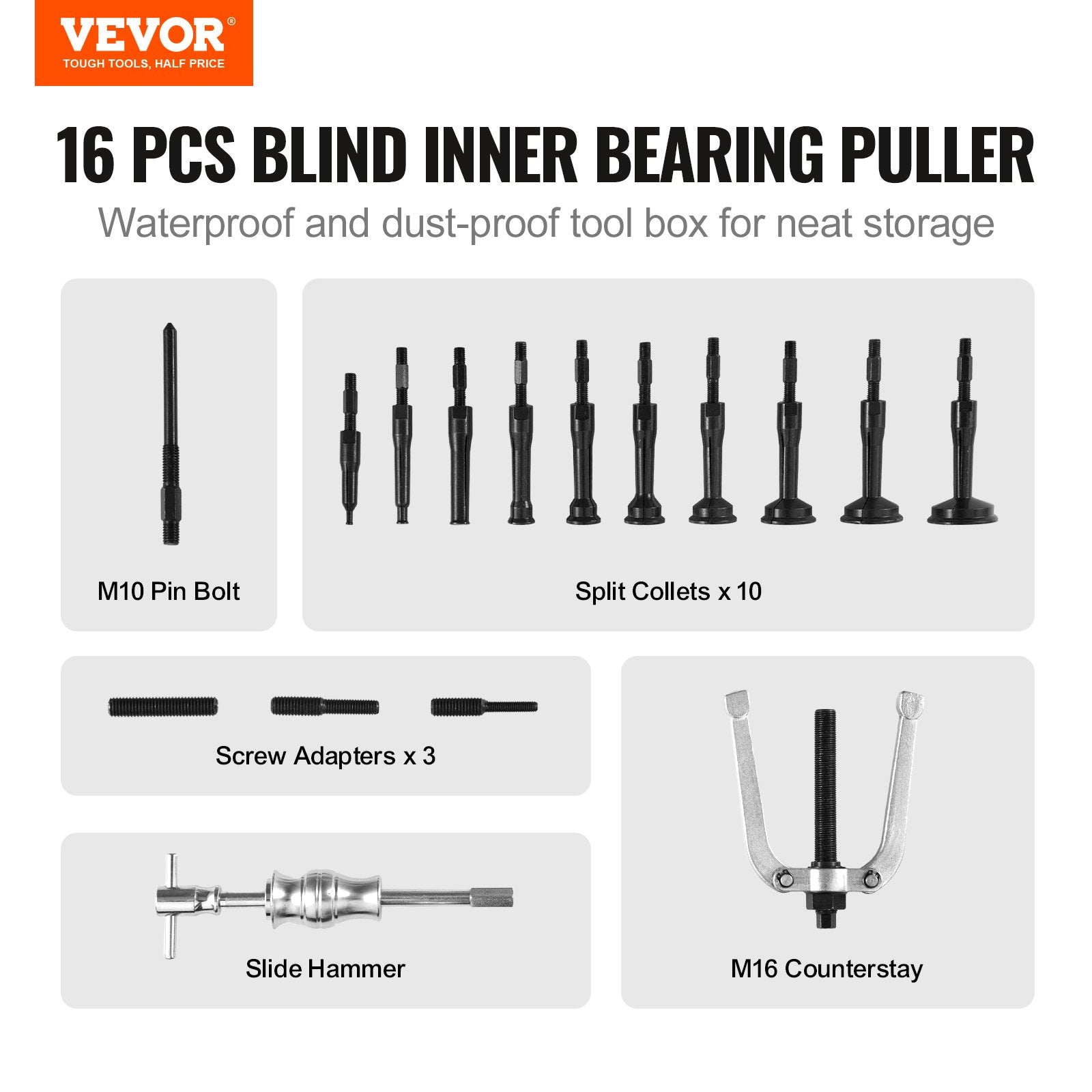 Hand Tools: VEVOR Blind Hole Collet Bearing Race and Seal Puller Extractor Kit, Slide Hammer Pilot Insert Inner Internal Bearing Removal Tool Set, 10 Adjustable Collects and Counterstay, 16 PCS
