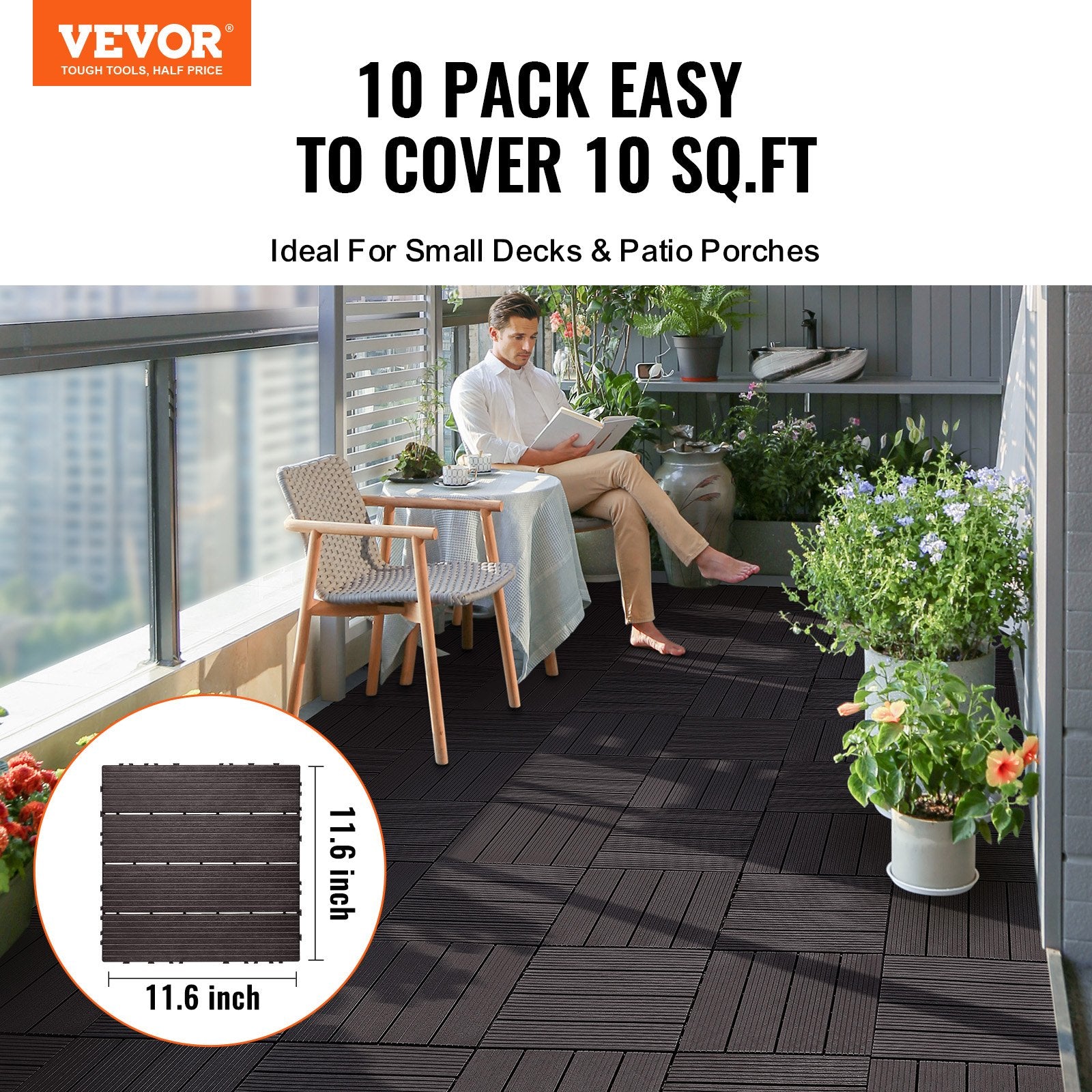 Dog Playpens & Gates: VEVOR Interlocking Deck Tiles, 10 Pack,12"x12" 10 sq. ft Plastic Waterproof Outdoor Flooring All Weather Use, Patio Floor Decking Covering Tiles for Porch Poolside Balcony Backyard, Dark Brown