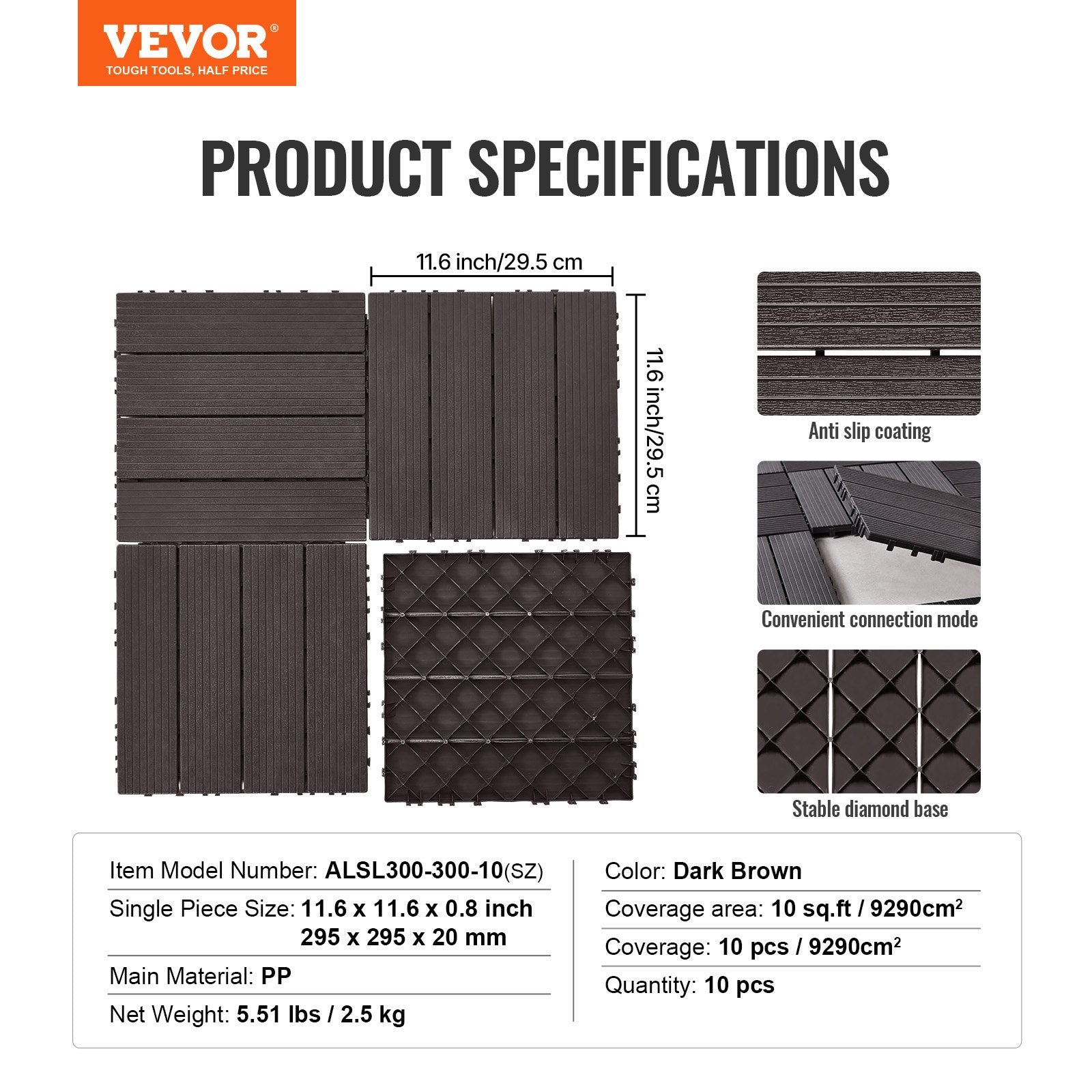 Dog Playpens & Gates: VEVOR Interlocking Deck Tiles, 10 Pack,12"x12" 10 sq. ft Plastic Waterproof Outdoor Flooring All Weather Use, Patio Floor Decking Covering Tiles for Porch Poolside Balcony Backyard, Dark Brown