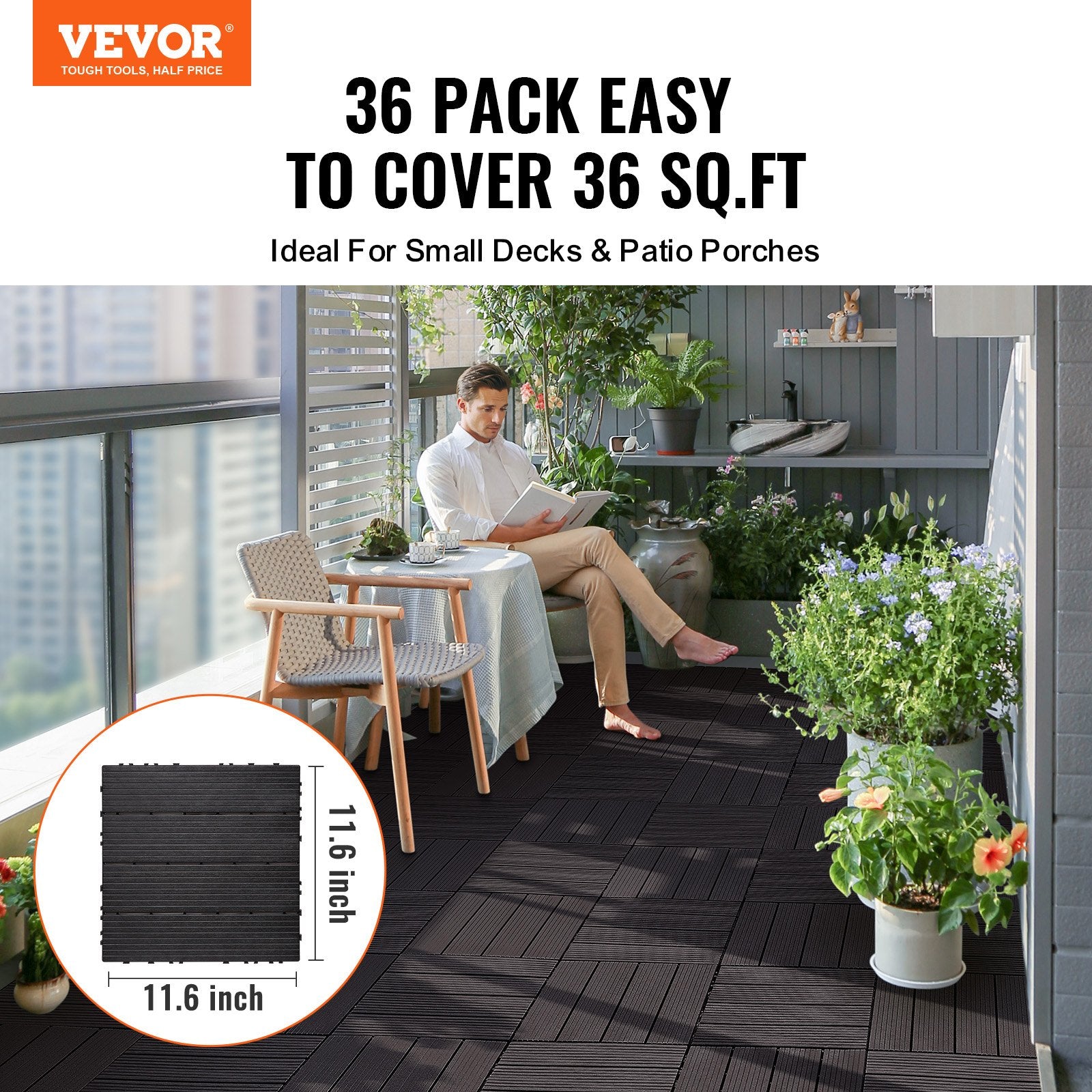 Dog Playpens & Gates: VEVOR Interlocking Deck Tiles, 36 Pack,11.6"x11.6" 36 sq. ft Plastic Waterproof Outdoor Flooring All Weather Use, Patio Floor Decking Covering Tiles for Porch Poolside Balcony Backyard, Dark Brown