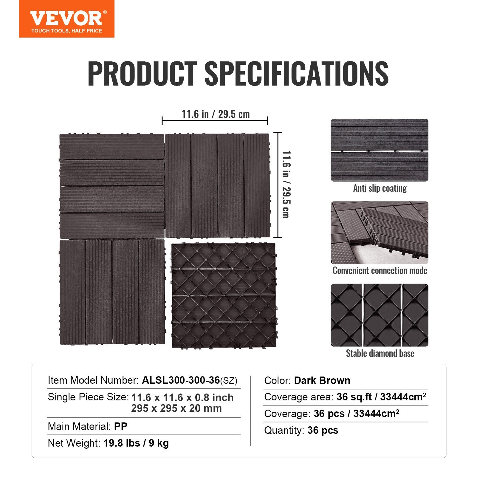 Dog Playpens & Gates: VEVOR Interlocking Deck Tiles, 36 Pack,11.6"x11.6" 36 sq. ft Plastic Waterproof Outdoor Flooring All Weather Use, Patio Floor Decking Covering Tiles for Porch Poolside Balcony Backyard, Dark Brown