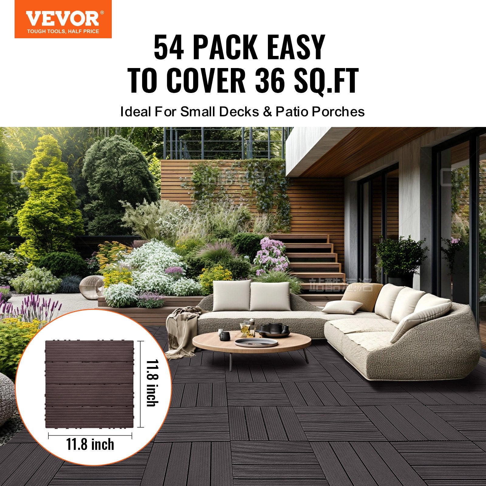 Boating Accessories: VEVOR Interlocking Deck Tiles 54 Pack 12"x12" Waterproof for Porch Dark Brown