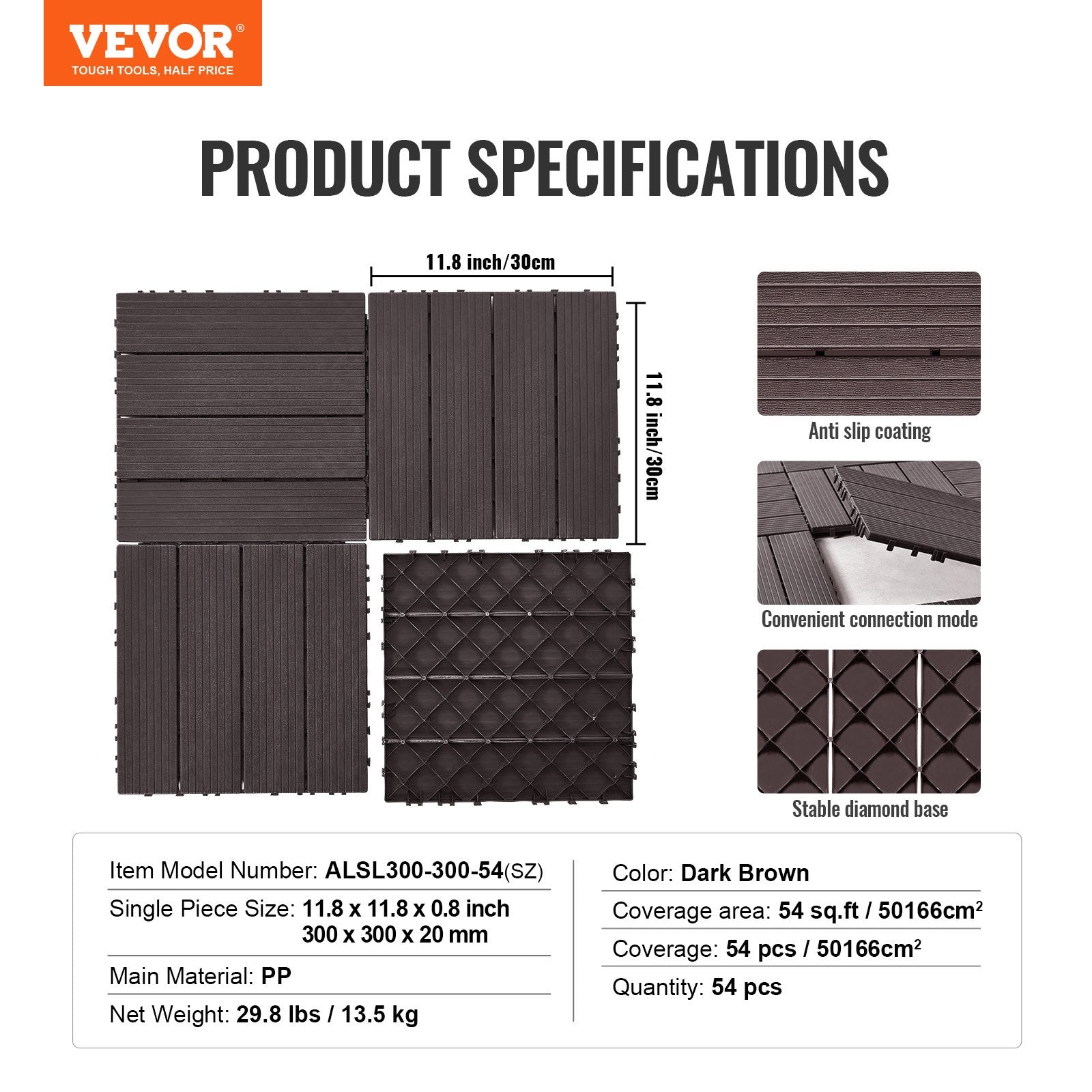 Boating Accessories: VEVOR Interlocking Deck Tiles 54 Pack 12"x12" Waterproof for Porch Dark Brown
