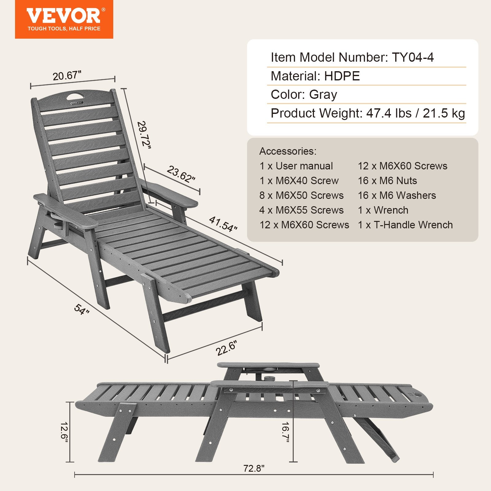 Outdoor Chairs: VEVOR Outdoor Chaise Lounge Chair 6 Positions Reclining Patio Bench Lounger Gray
