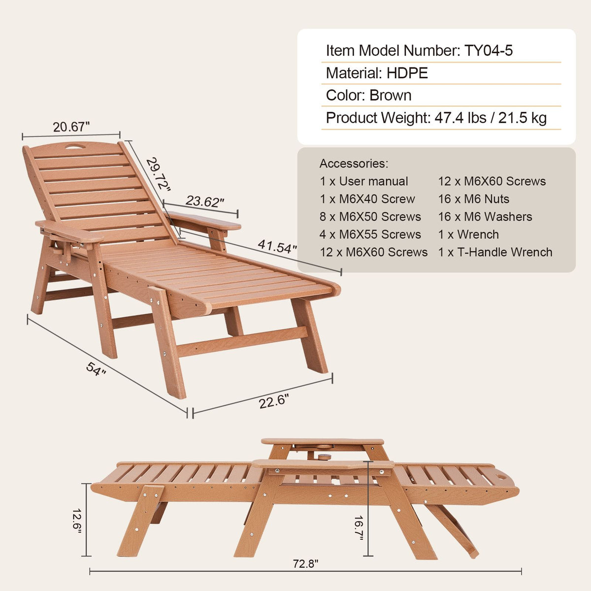 Chaise Lounge Chair, 181 kg Weight Capacity, 6 Positions Adjustable Patio Lounge Chair, Outdoor HDPE Lounge Chair with Backrest & Cup Holder, for Pool Poolside Deck Backyard Lawn, Brown