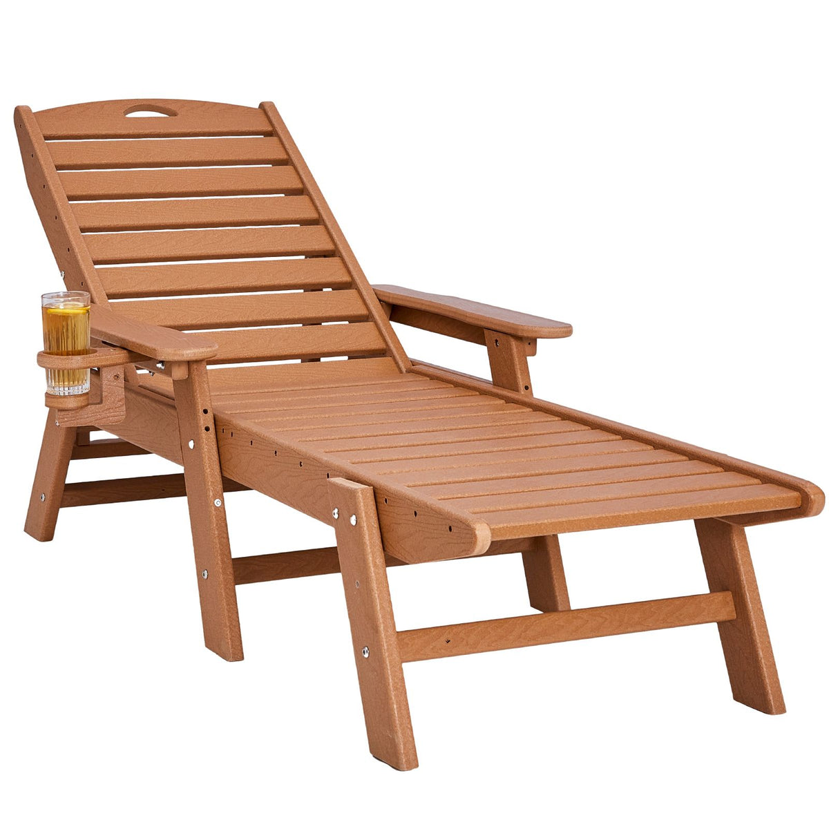 Chaise Lounge Chair, 181 kg Weight Capacity, 6 Positions Adjustable Patio Lounge Chair, Outdoor HDPE Lounge Chair with Backrest & Cup Holder, for Pool Poolside Deck Backyard Lawn, Brown
