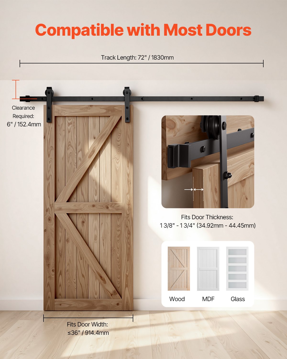 Gardening Accessories: VEVOR 1830 mm Sliding Barn Door Hardware Kit for Single Sliding Barn Door Black