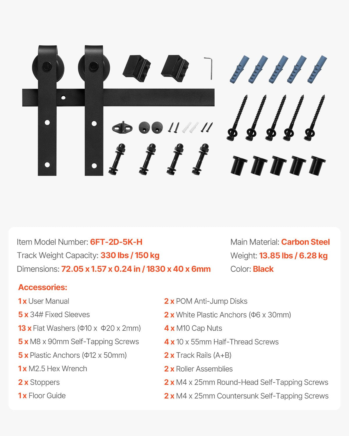 Gardening Accessories: VEVOR 1830 mm Sliding Barn Door Hardware Kit for Single Sliding Barn Door Black