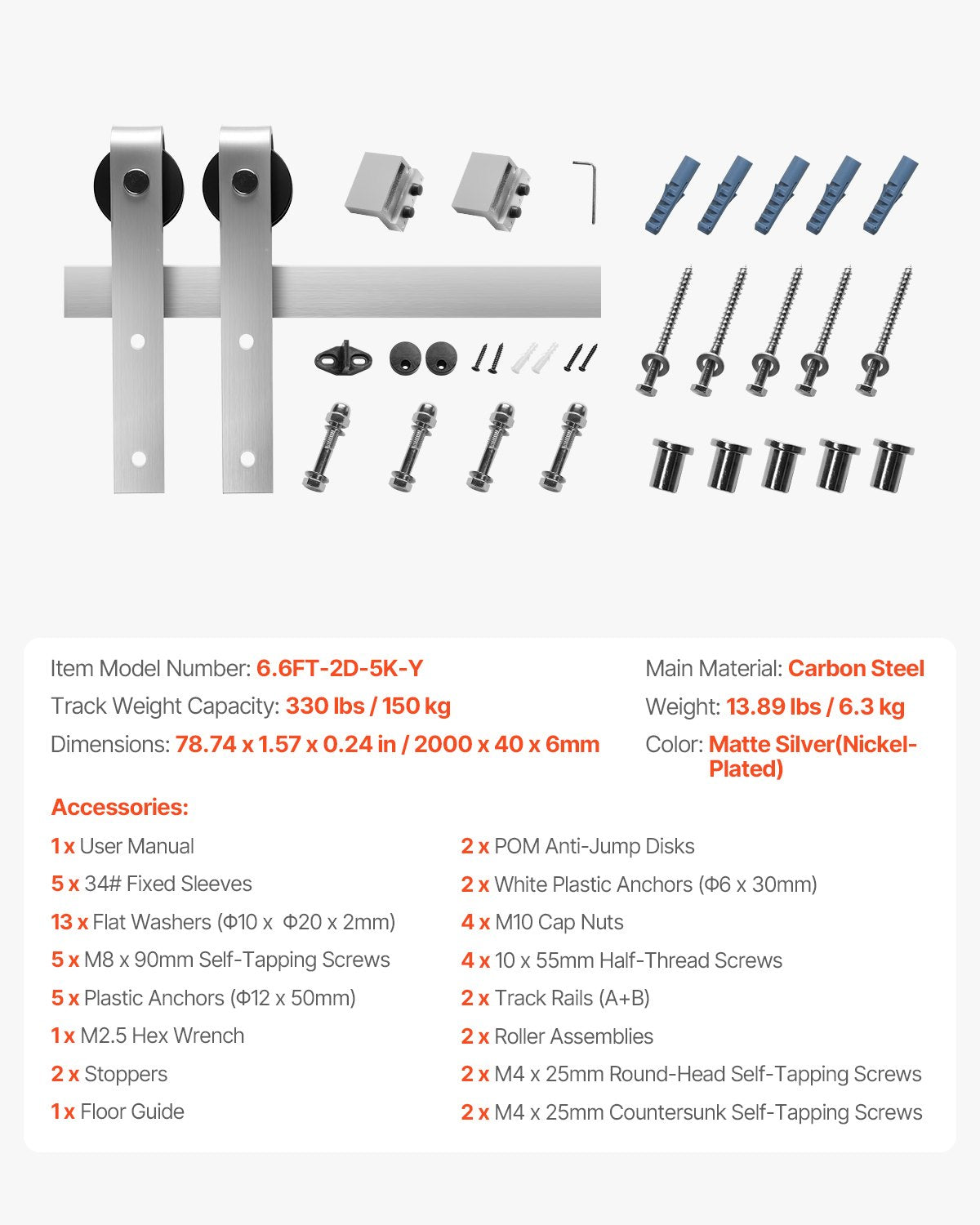 Audio Accessories: VEVOR 2000 mm Sliding Barn Door Hardware Kit for Single Sliding Barn Door Silver
