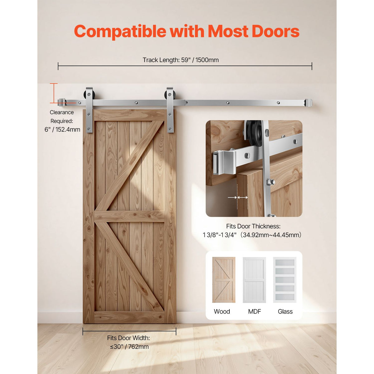 5FT Sliding Barn Door Hardware Kit, 330 LBS Weight Capacity, Compatible with 30 Inches Max Width & 1-3/8 to 1-3/4 Inches Thickness Single Sliding Barn Door, Durable Track & J-shape Roller Silver