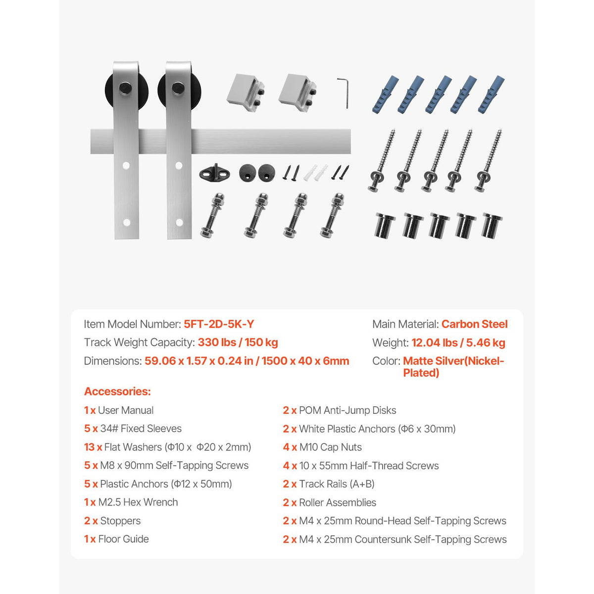 5FT Sliding Barn Door Hardware Kit, 330 LBS Weight Capacity, Compatible with 30 Inches Max Width & 1-3/8 to 1-3/4 Inches Thickness Single Sliding Barn Door, Durable Track & J-shape Roller Silver
